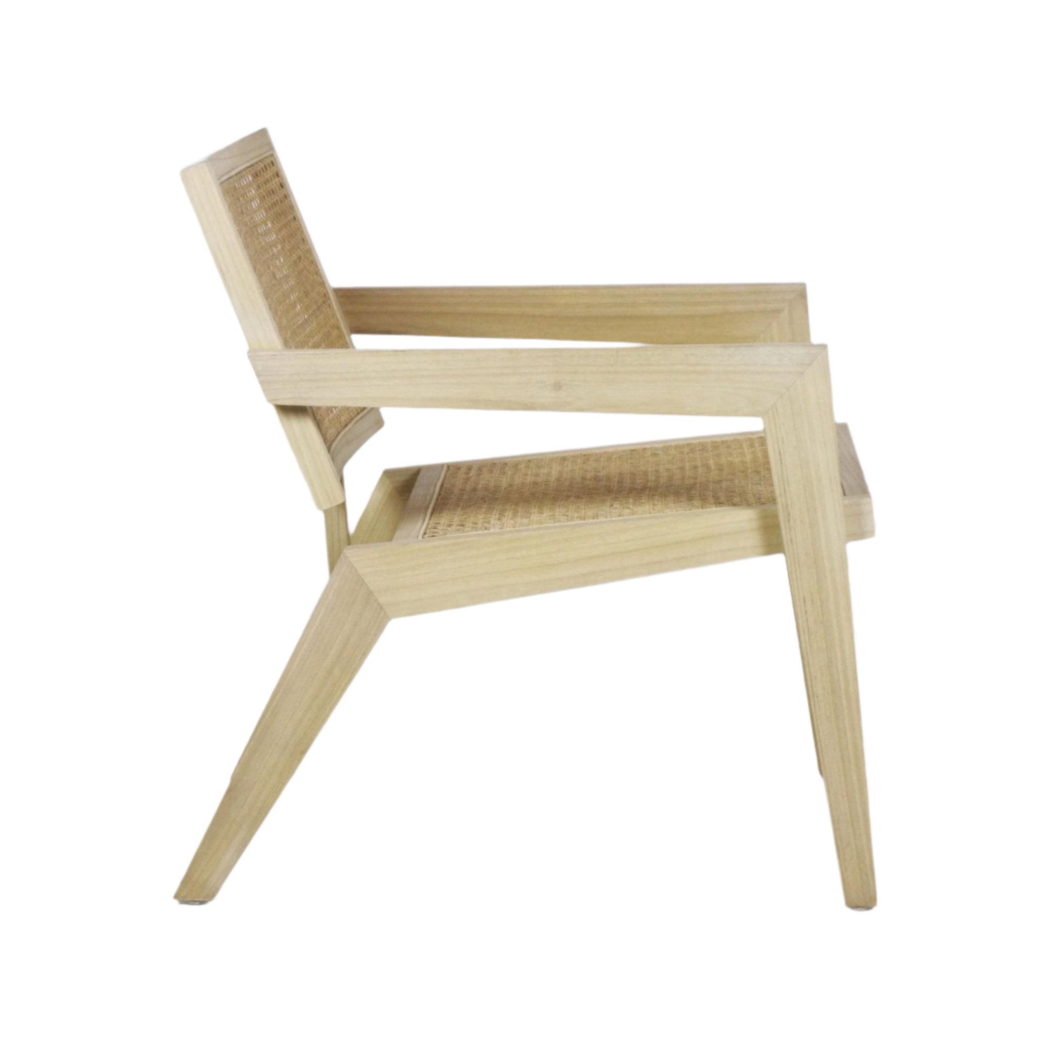 Side view of a low-profile lounge chair in natural blonde solid wood with an angled mid-century modern frame and woven cane seat and back, featuring tapered legs and integrated armrests.