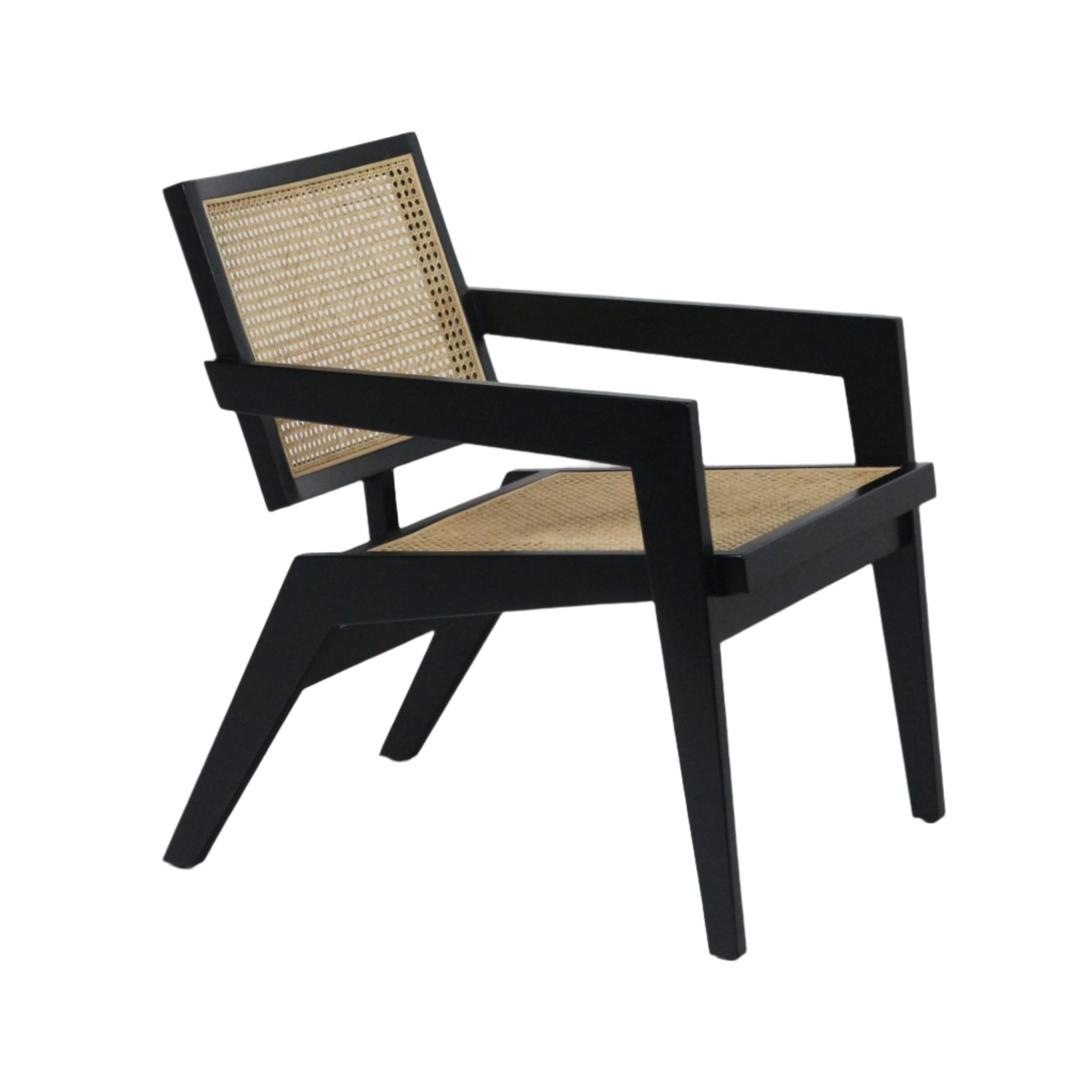 Modern low-back lounge chair with a black solid wood frame and woven natural cane seat and back, featuring angled legs and open rectangular arms on a white background.