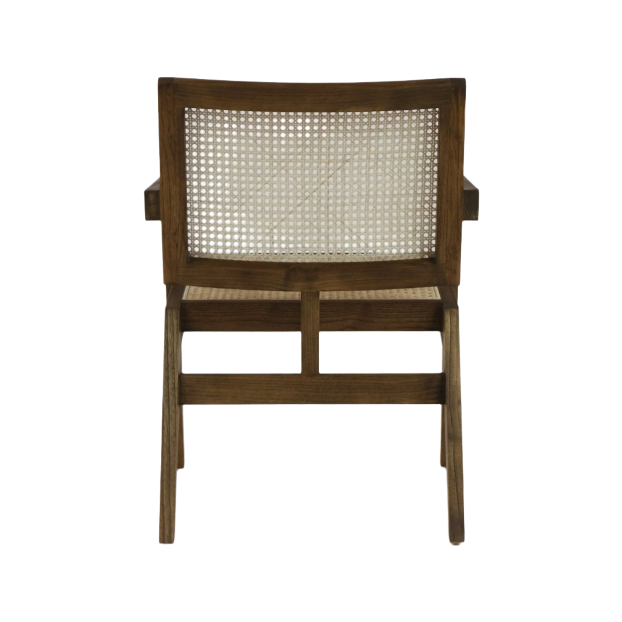 Rear view of a teak-tone solid wood lounge chair with woven cane back and seat, squared armrests and tapered legs in a mid-century modern silhouette.