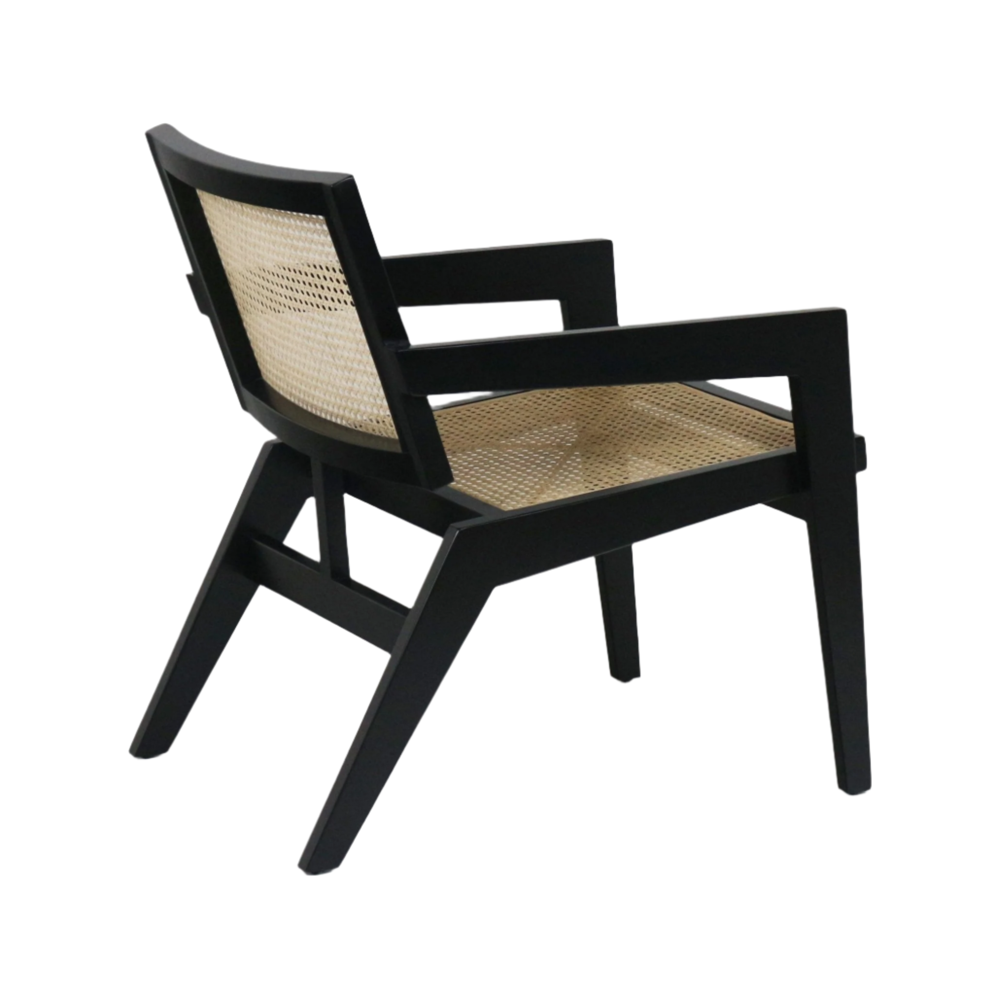 Rear three-quarter view of a mid-century modern lounge chair with a black solid wood frame and woven natural cane seat and back, slanted legs and square armrests.