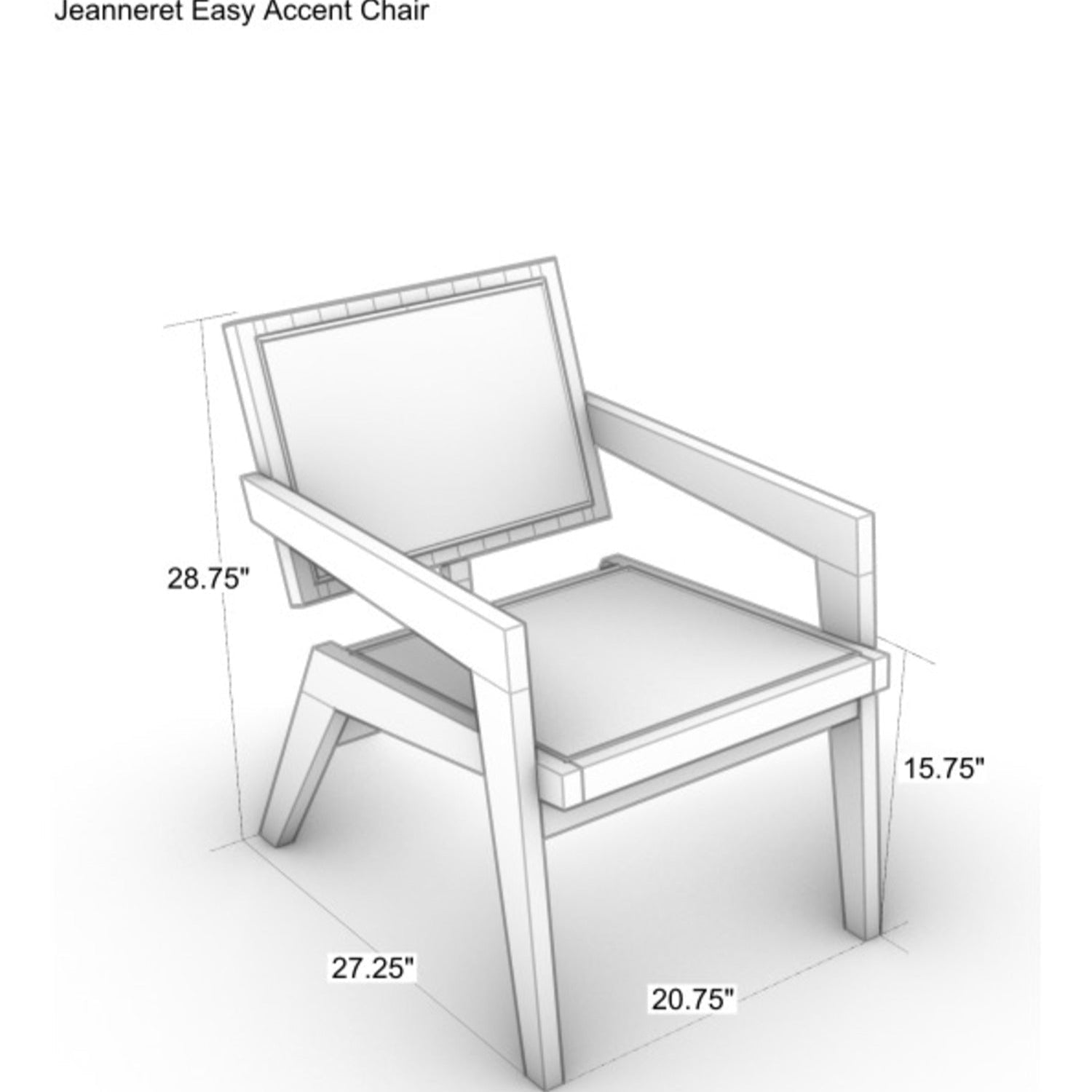 Line-art diagram of a midcentury modern lounge chair with solid wood frame, slanted legs and open armrests, showing labeled dimensions: overall height 28.75", seat height 15.75", depth 27.25" and width 20.75".