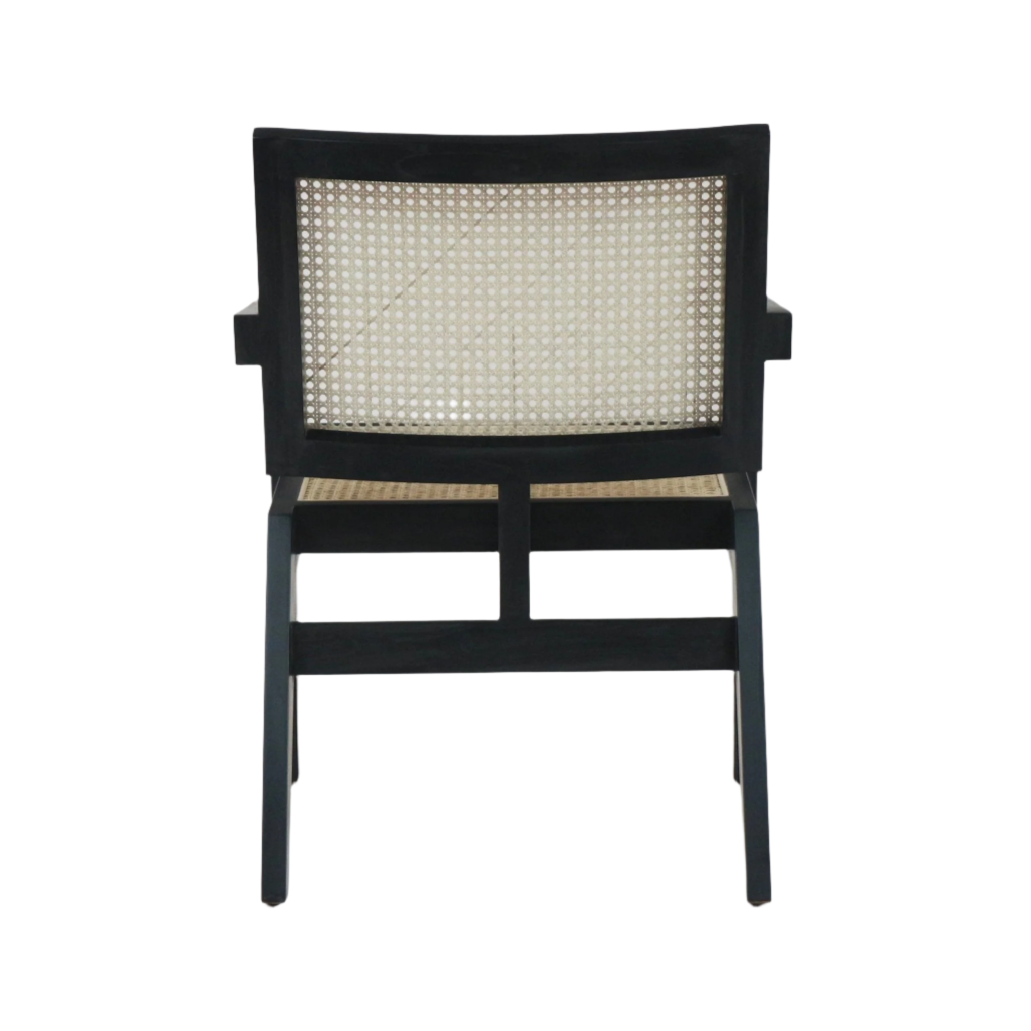 Rear view of a mid-century modern lounge chair with a black solid wood frame and natural cane woven back and seat, showing tapered legs and arm supports against a white background.