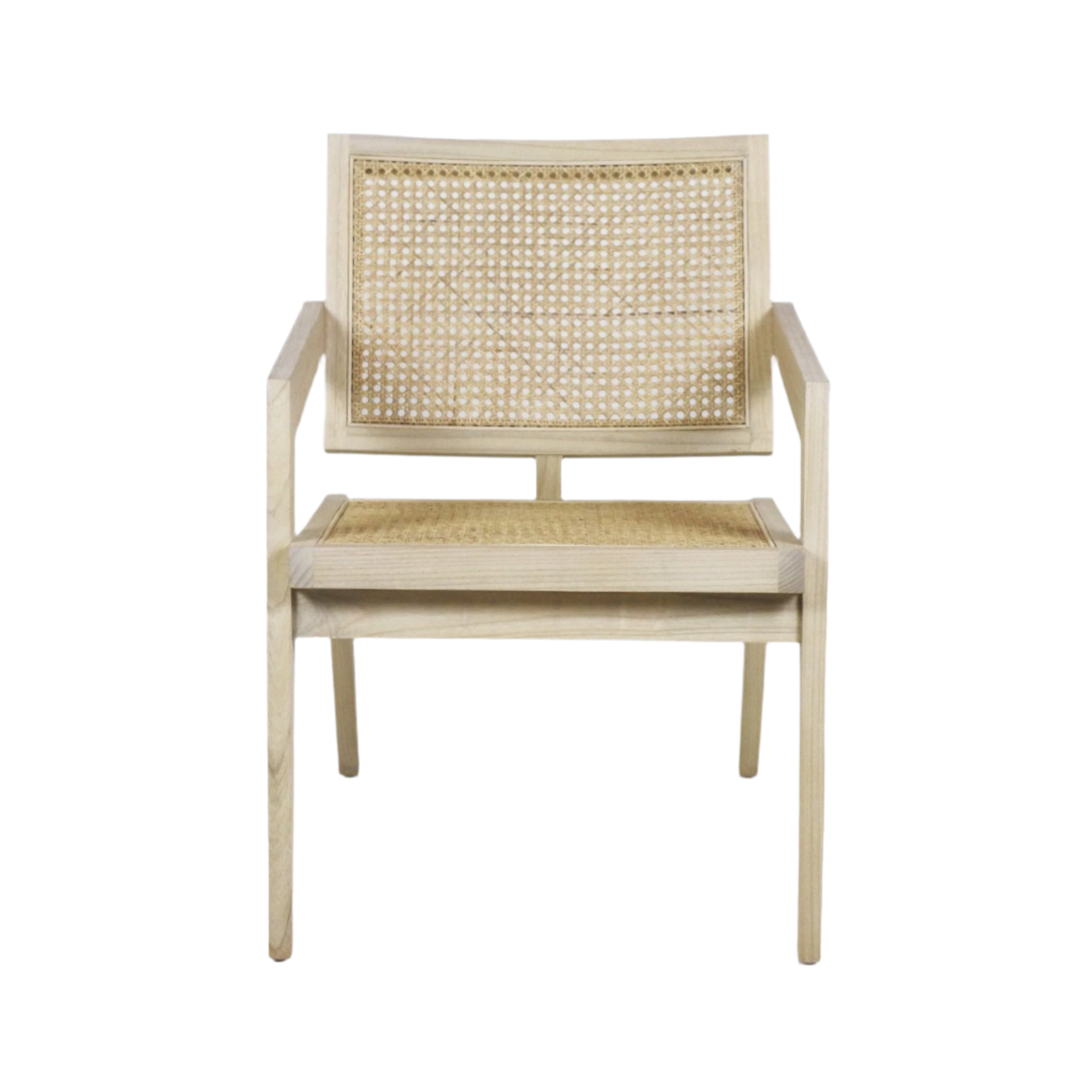 Front view of a modern mid-century lounge chair with a light natural oak frame and woven cane seat and back, straight armrests and slim tapered legs.