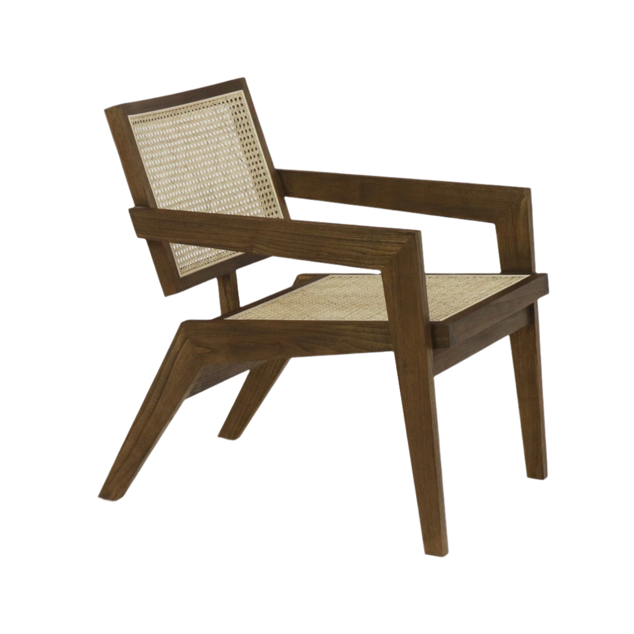 Mid-century modern lounge chair in warm teak wood with woven cane seat and back, featuring a sculpted solid wood frame and angular arms.