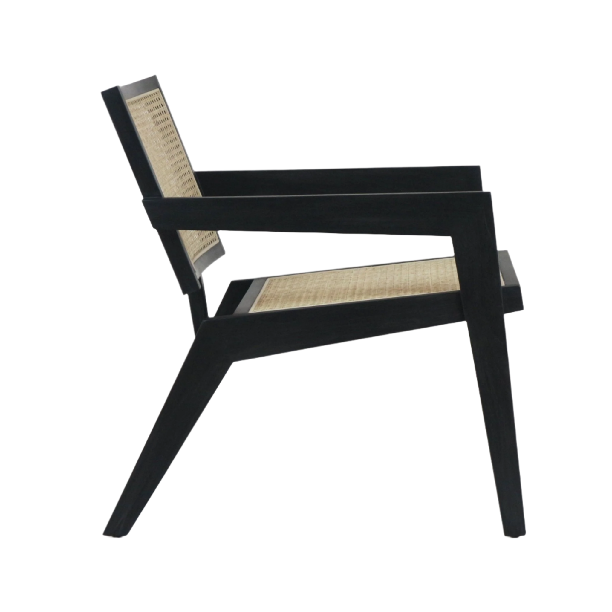 Side view of a mid-century modern lounge chair with a black solid wood frame and woven natural cane seat and back, featuring angled legs and low armrests.