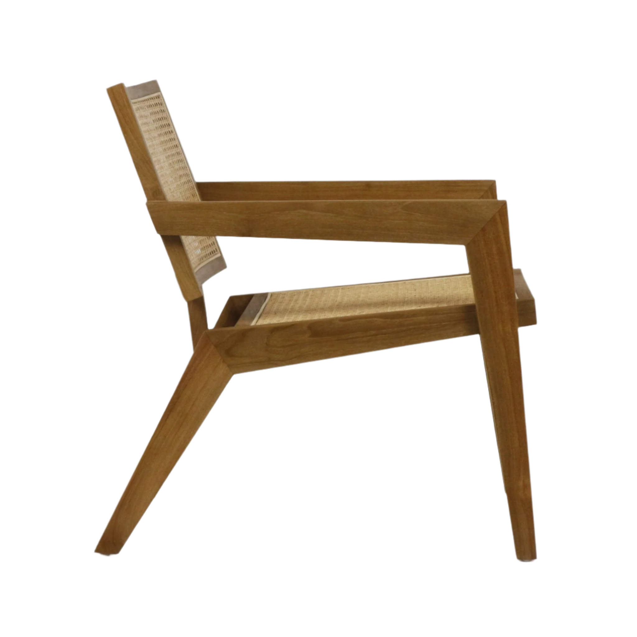 Side profile of a mid-century modern low-slung lounge chair in natural teak with a woven cane seat and back, angled legs and open wooden armrests.
