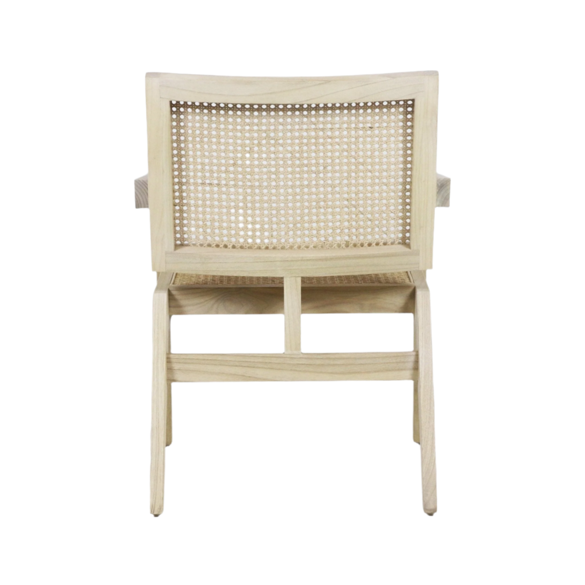 Rear view of a natural wood lounge chair showing a woven cane back and seat, solid wood frame in a light teak finish with slender tapered legs, mid-century modern Scandinavian styling.