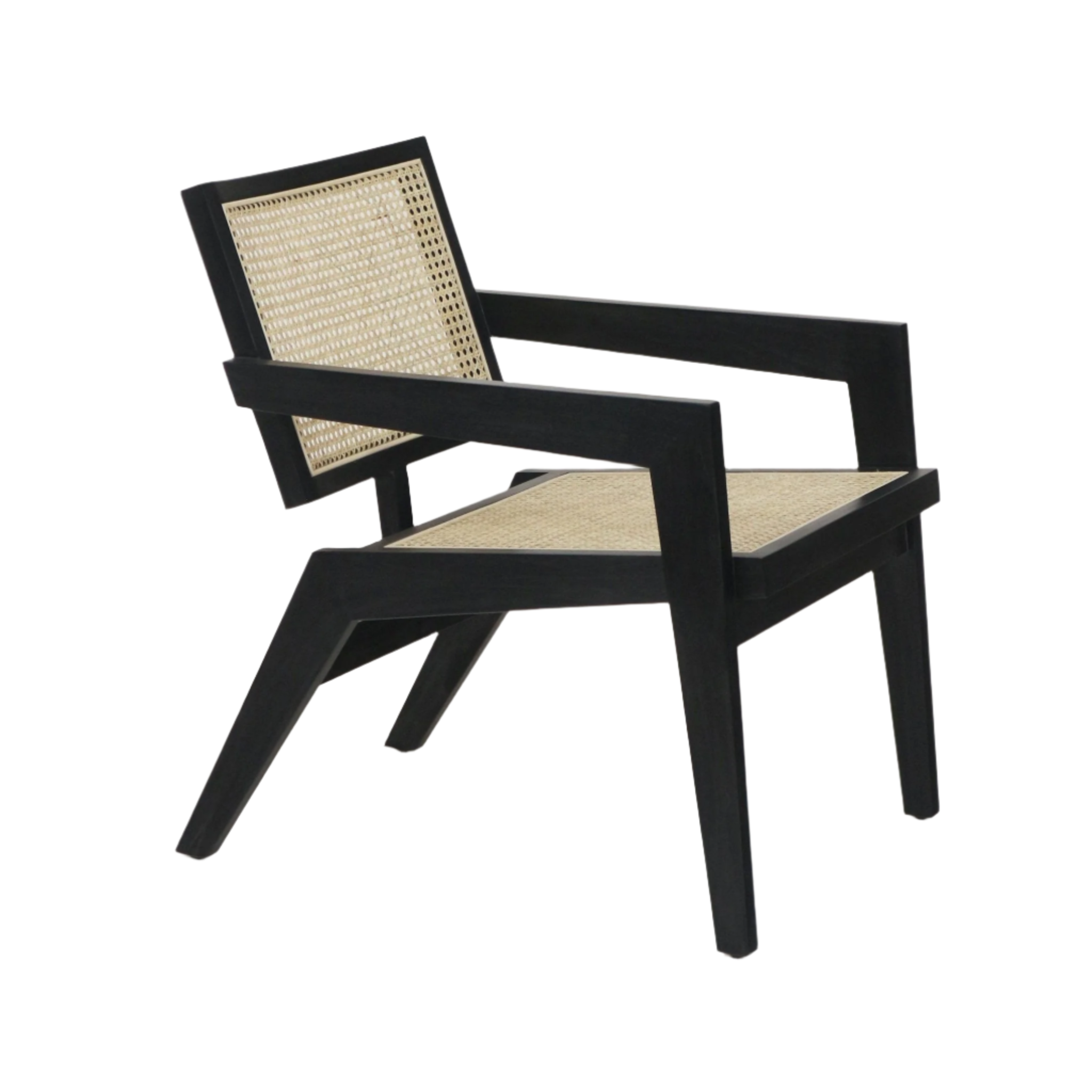 Low-profile mid-century lounge chair with a black solid wood frame and natural woven cane seat and back, angled legs and wide flat arms in a modern Scandinavian-inspired silhouette.