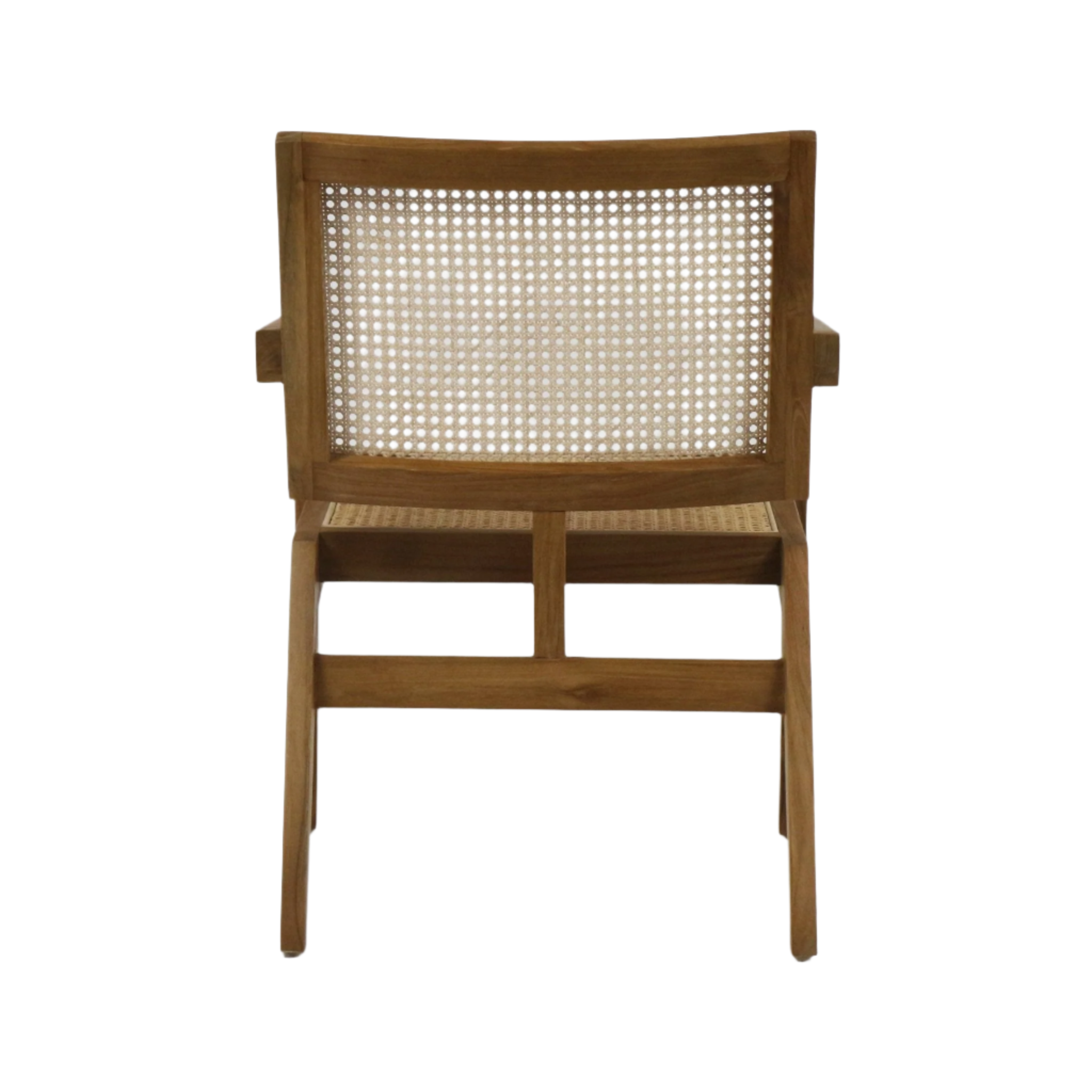 Rear view of a mid-century modern lounge chair with a natural teak solid wood frame and woven cane back and seat, showing tapered legs and simple arm supports on a white background.