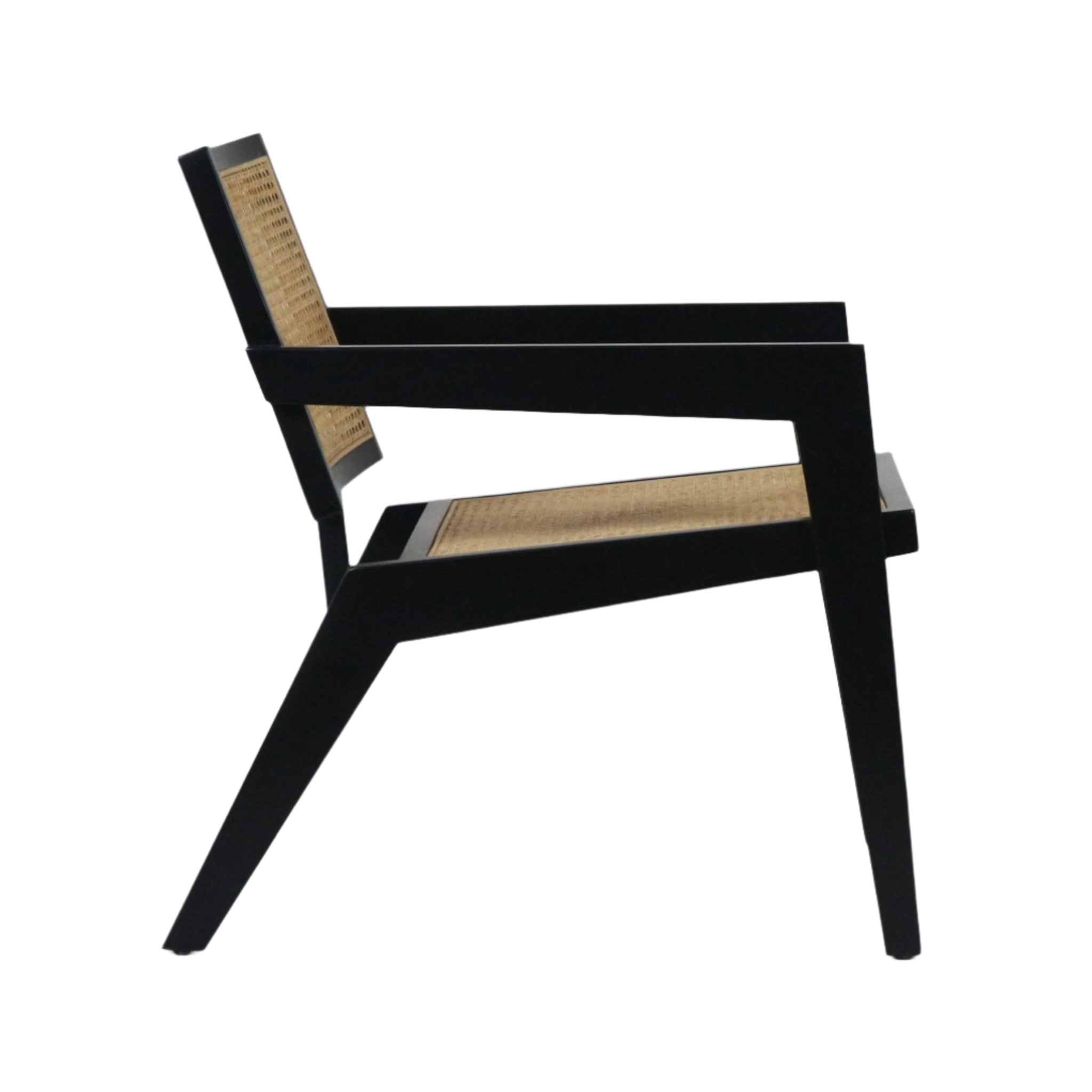 Side view of a mid-century modern lounge chair with a black solid wood frame and woven natural cane seat and back, angled legs and a low-slung profile.