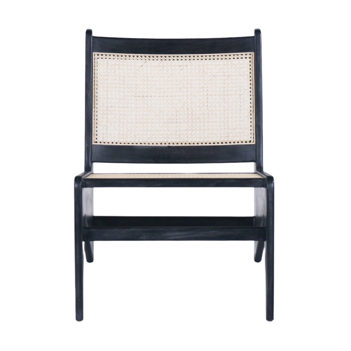 Front-facing armless lounge chair with a smoked-black solid teak frame and natural woven cane seat and back, featuring a low mid-century modern profile ideal for living room accent seating.