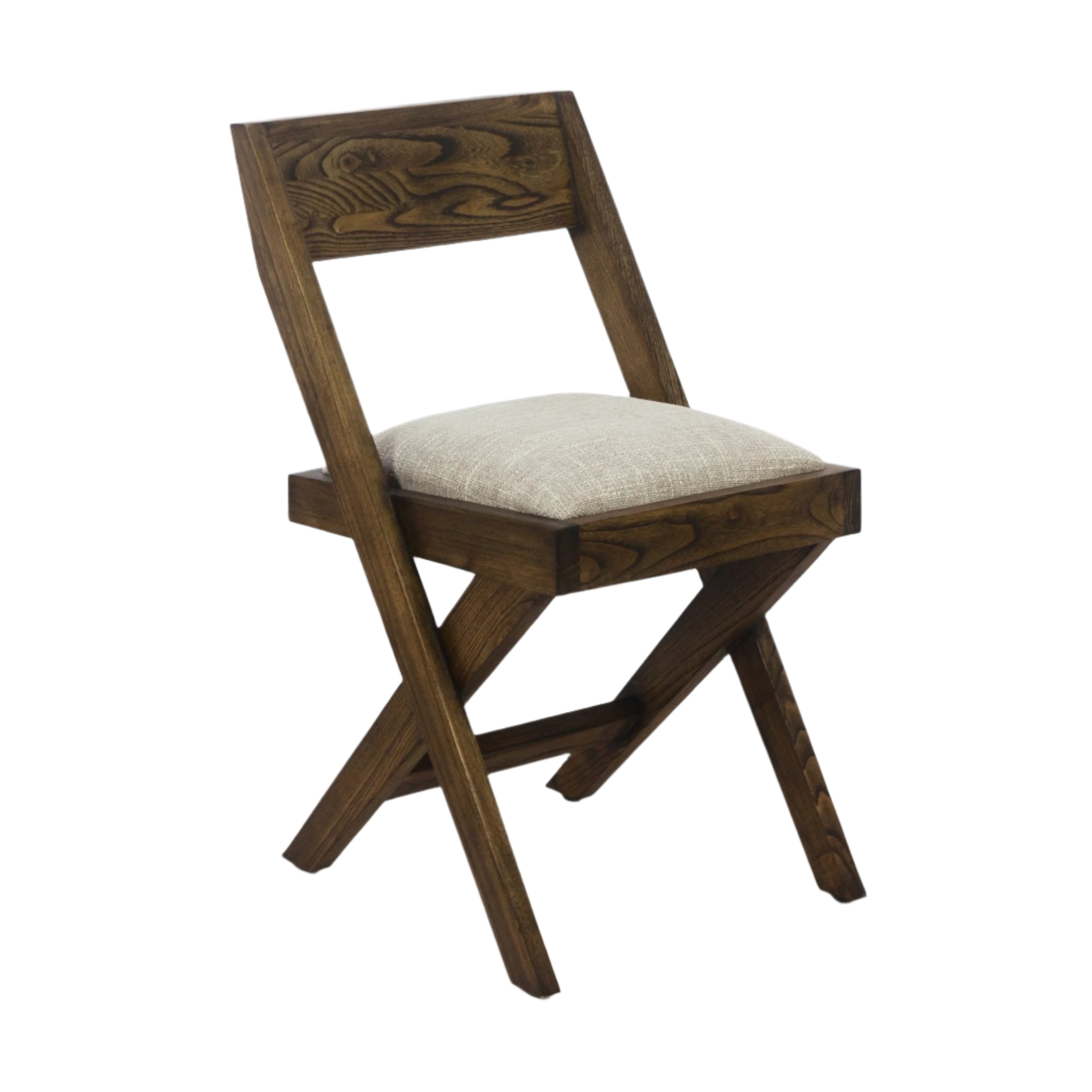 Mid-century modern side chair with warm teak wood frame, X-shaped legs and a beige upholstered seat cushion, shown on a white background.