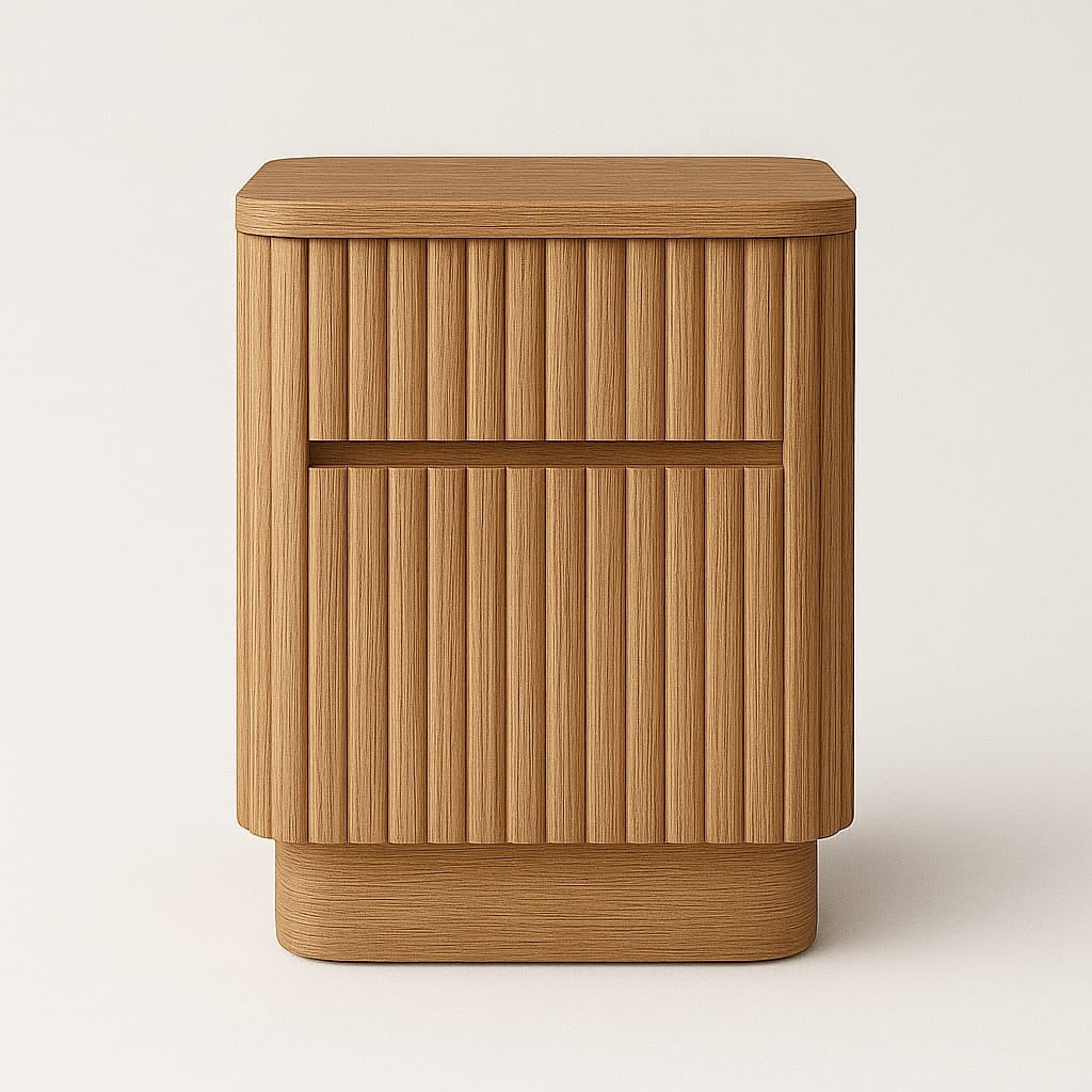 Natural oak fluted nightstand with vertical slatted front, two inset drawers and rounded edges on a solid plinth base in a modern mid-century style.