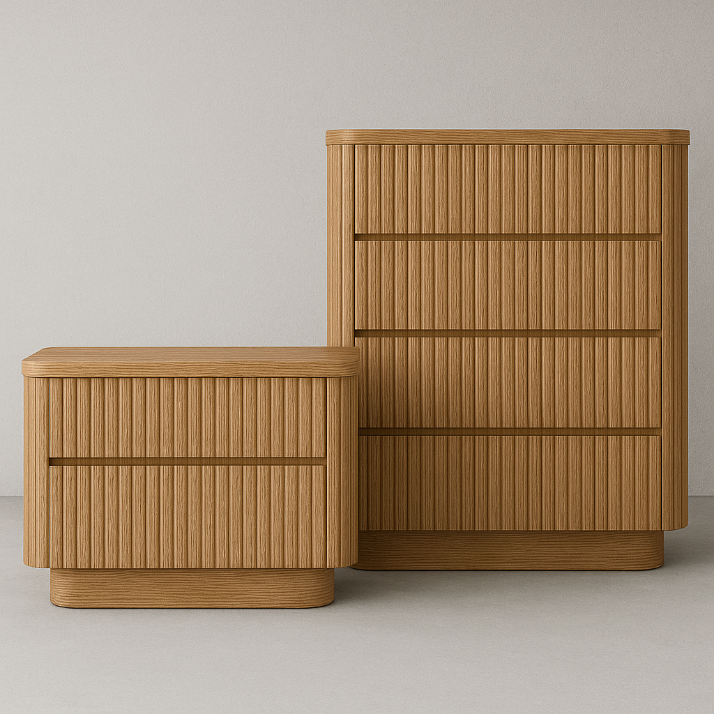 Two natural oak fluted nightstands in small and large sizes shown side-by-side, featuring vertical fluted fronts, rounded corners and low rounded plinth bases in a modern mid-century style.