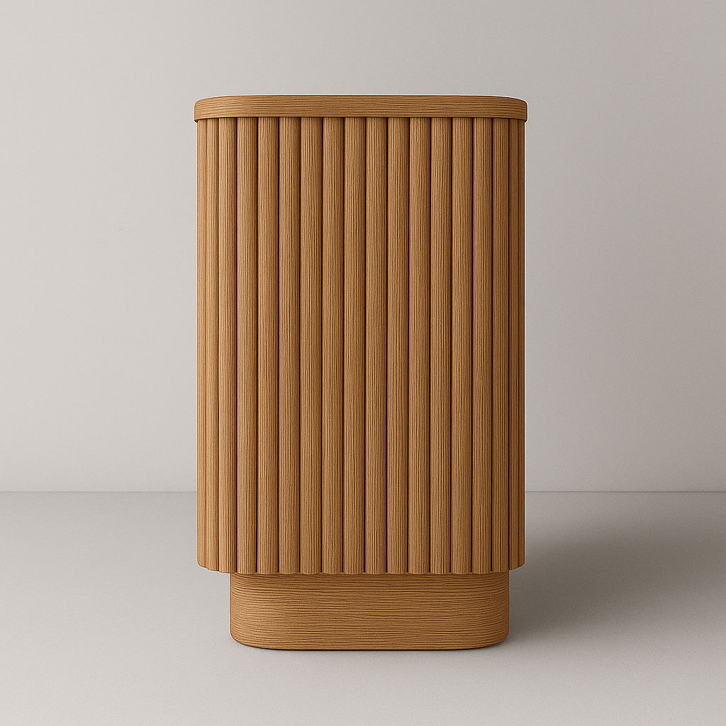 Front view of a modern natural oak two-drawer dresser in solid wood with vertical fluted panels, rounded corners, and a low rounded plinth base against a neutral background.
