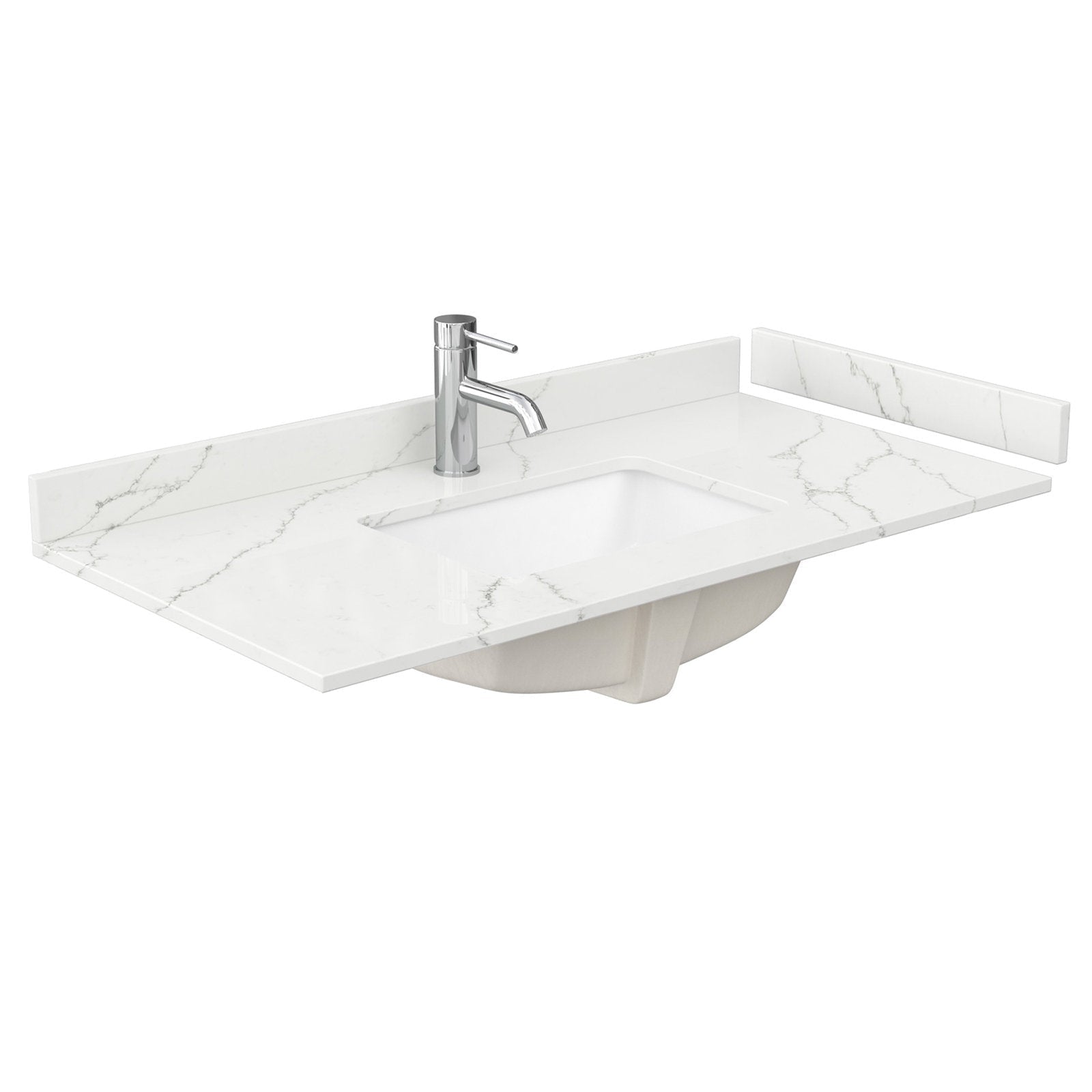 White stone countertop with subtle gray veining featuring a rectangular undermount ceramic sink, single chrome faucet, and matching stone backsplash and side splash.