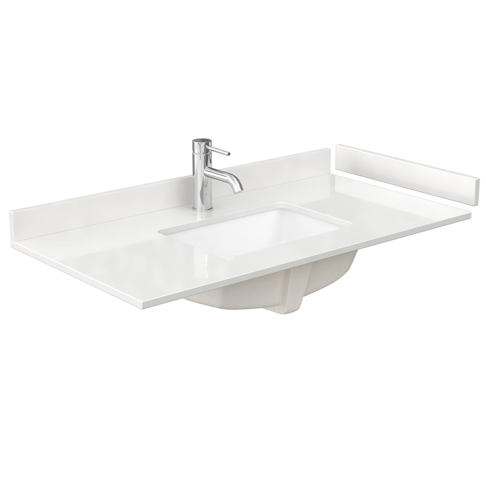 Stone-colored 42-inch vanity top with integrated rectangular white sink, low matching backsplash and a single-hole chrome single-handle faucet, shown without cabinet in a modern contemporary style.