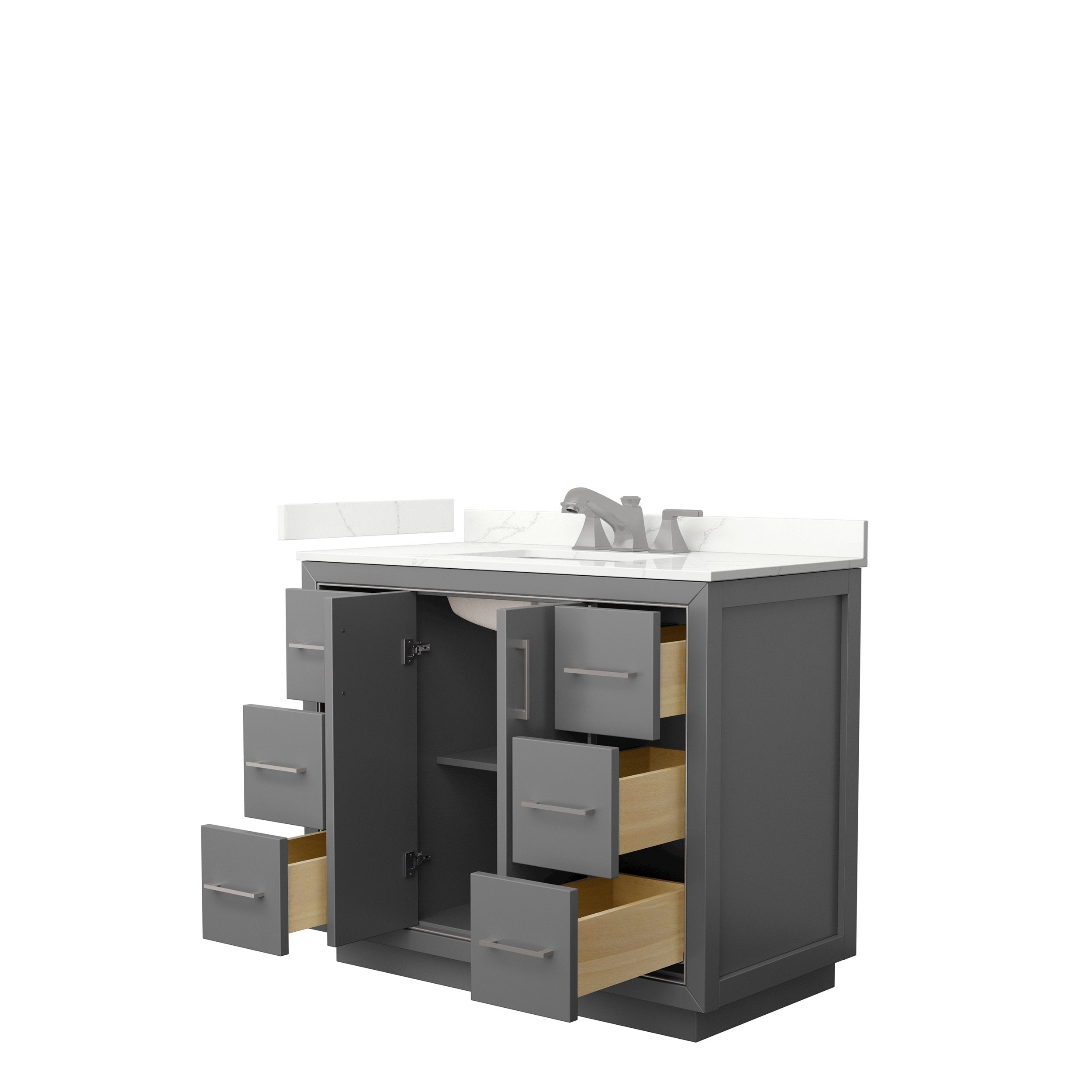 Modern 42-inch freestanding gray solid-wood bathroom vanity with white stone countertop and integrated ceramic sink, brushed-nickel faucet, six drawers and center cabinet shown open revealing light wood interiors and shelf.