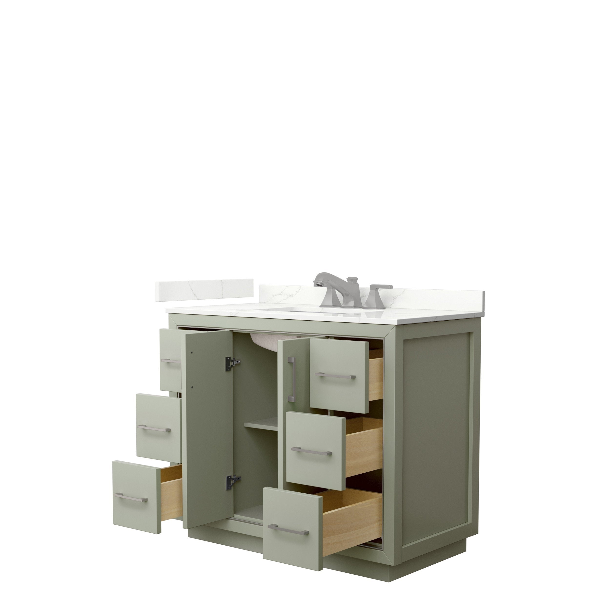 Modern 42-inch solid wood bathroom vanity in a stone finish with white stone countertop and integrated single sink, brushed-nickel faucet, center cabinet and six open drawers showing natural wood interiors.