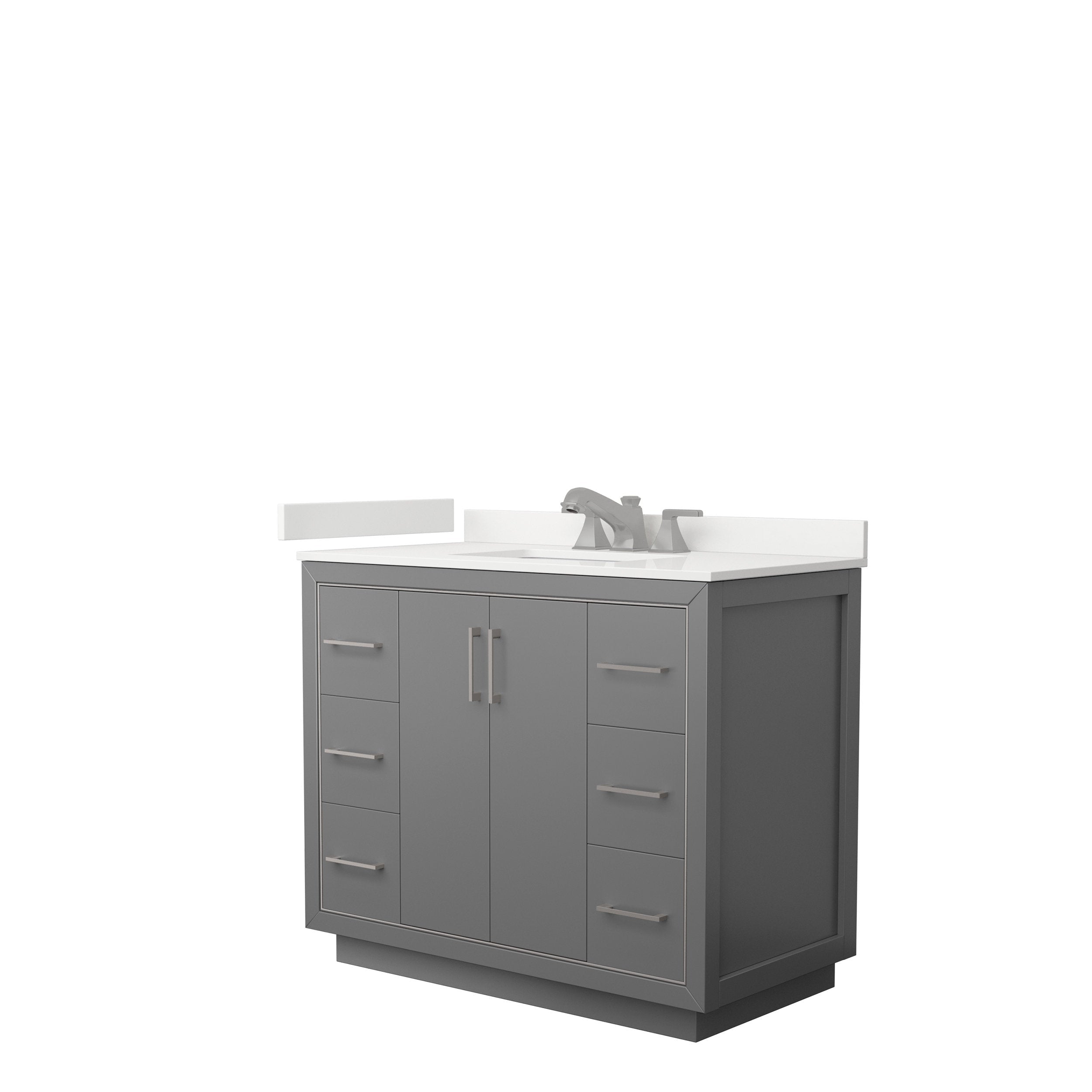 Modern freestanding 42-inch gray wooden bathroom vanity with white stone countertop and integrated single sink, brushed-nickel faucet and handles, six side drawers and center double-door storage.
