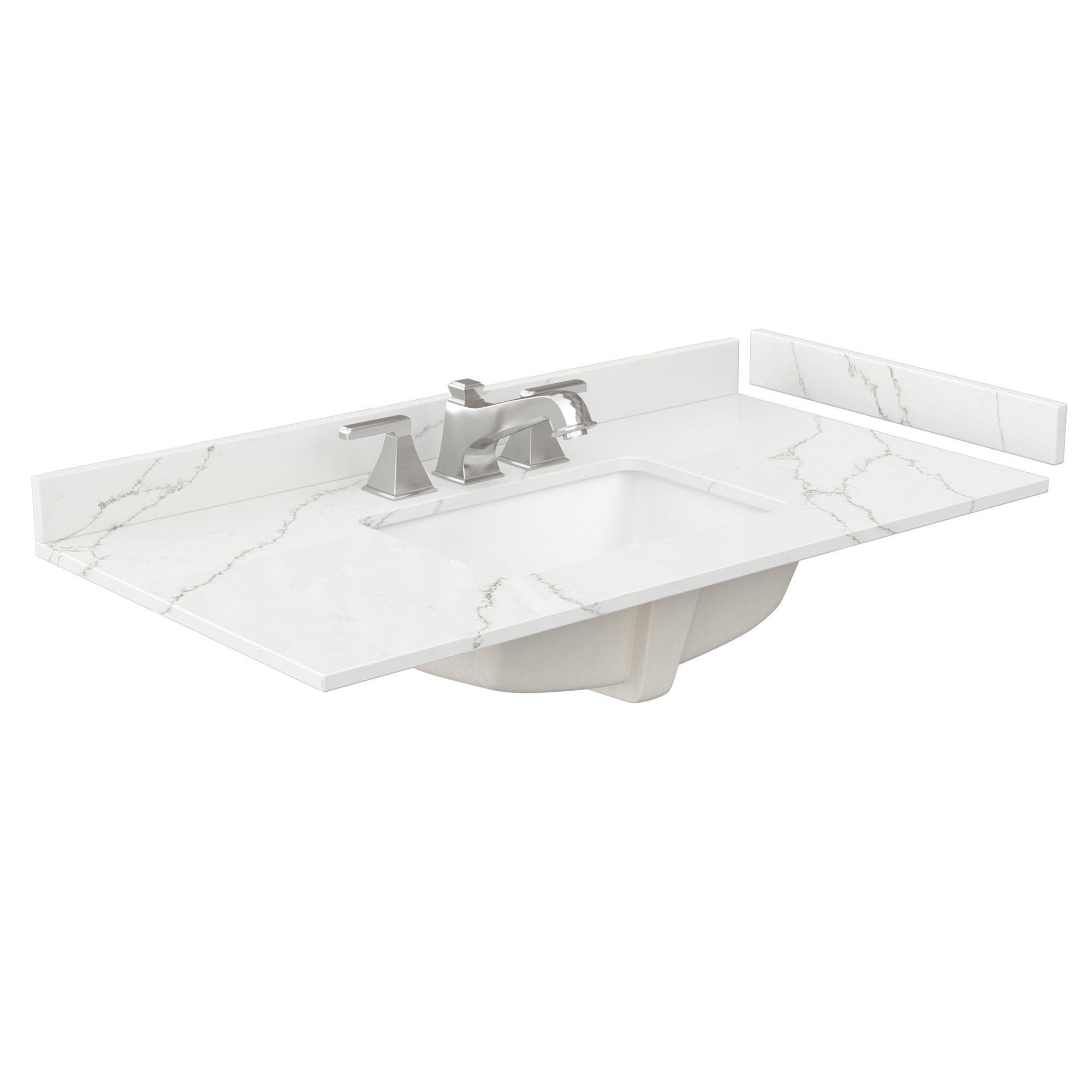 White stone vanity top with subtle gray marble veining, rectangular undermount ceramic sink, brushed-nickel two-handle faucet and matching low backsplash — modern single-sink bathroom vanity top.