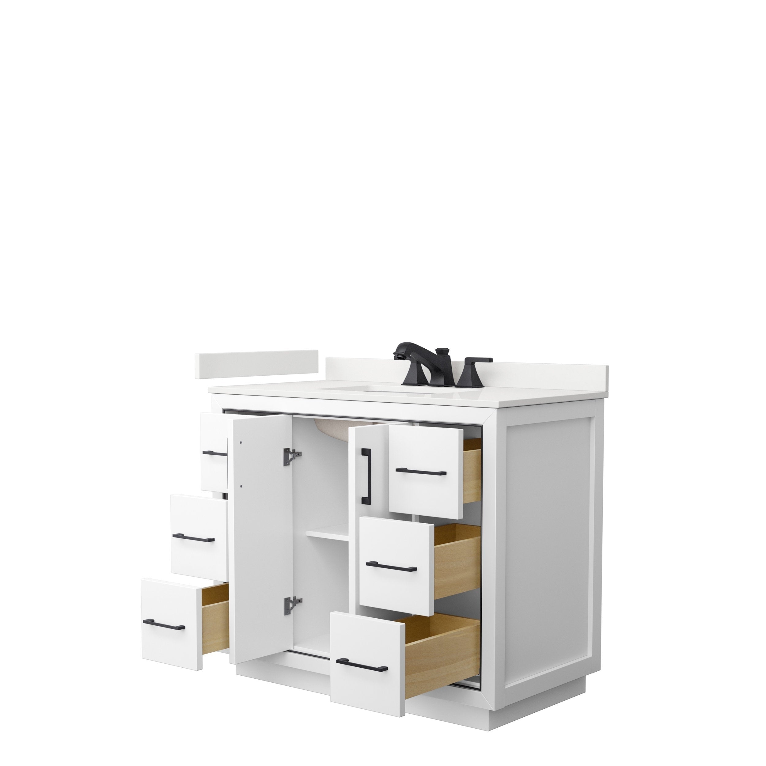 42-inch modern single-sink bathroom vanity in white solid wood with a stone top, matte black faucet and hardware, six drawers partially open showing natural wood interiors and a central cabinet with a shelf.