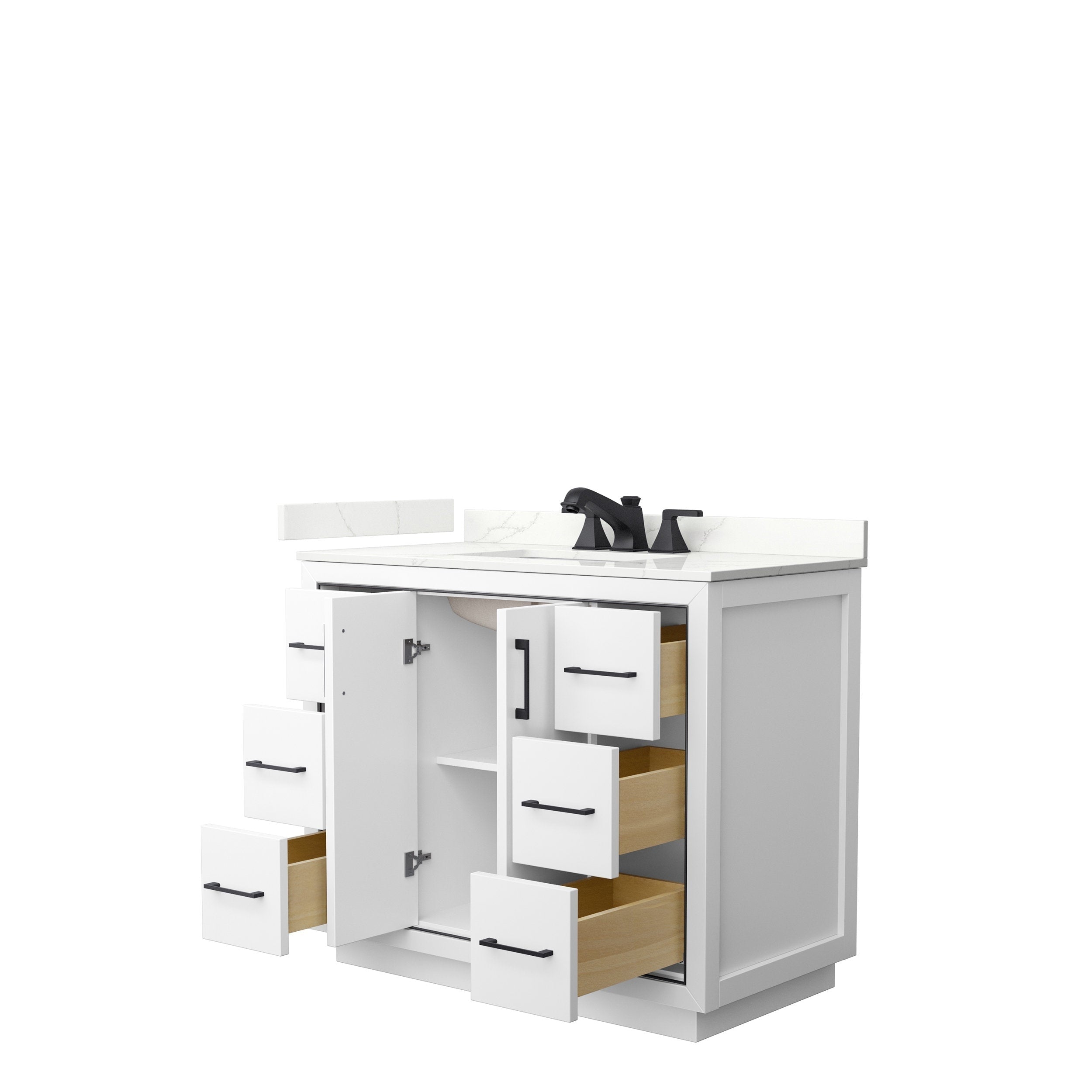 White solid-wood bathroom vanity with a stone countertop and integrated sink, matte-black faucet and handles, three drawers open on each side revealing natural wood interiors and the center cabinet with a shelf.