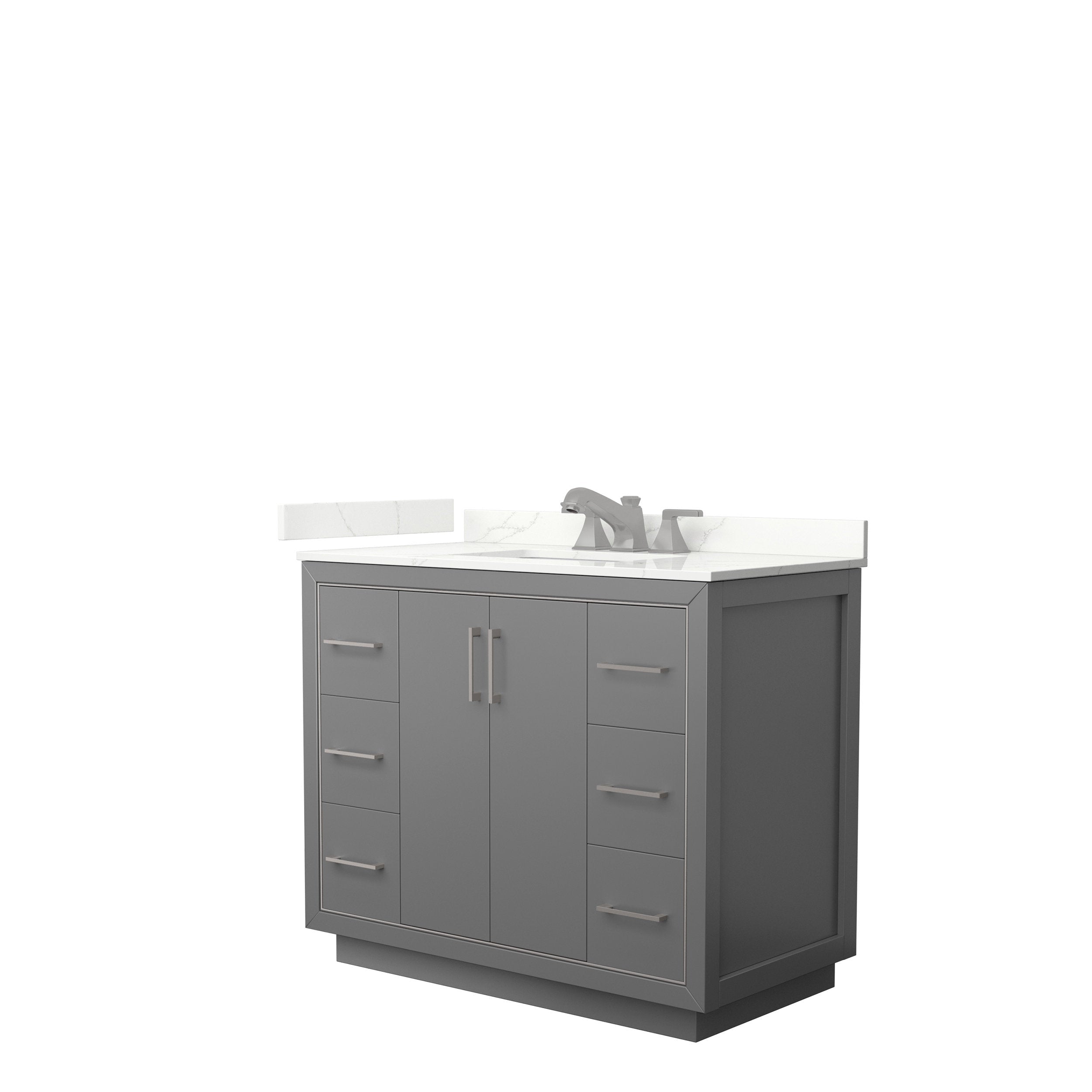 42-inch modern freestanding solid wood bathroom vanity in gray with a white stone top and integrated ceramic sink, center double doors, three drawers on each side, and brushed-nickel handles and faucet.