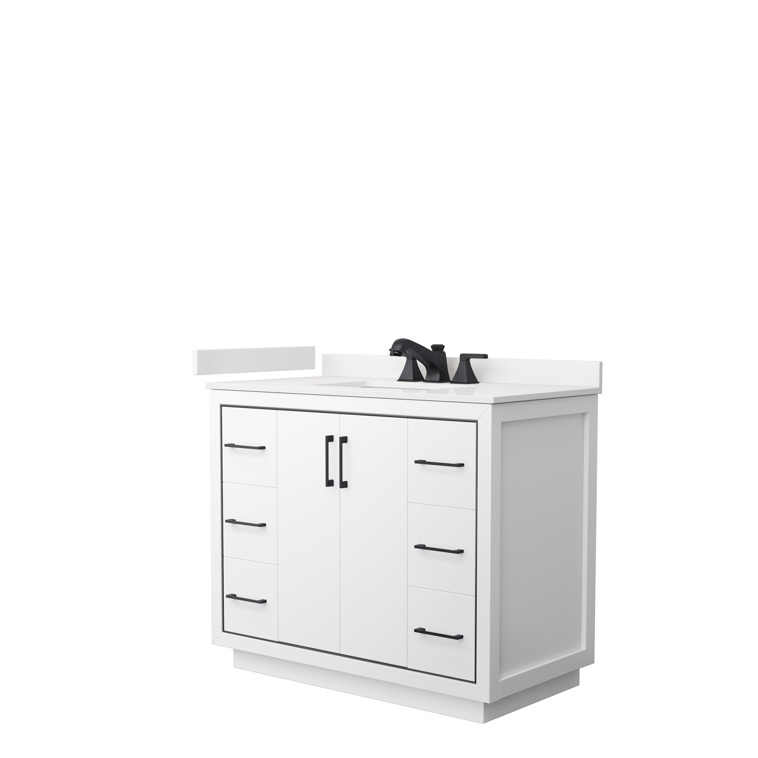 Modern 42-inch freestanding bathroom vanity in white solid wood with a stone countertop and integrated rectangular sink, matte-black faucet and pulls, three drawers on each side and double center cabinet doors.