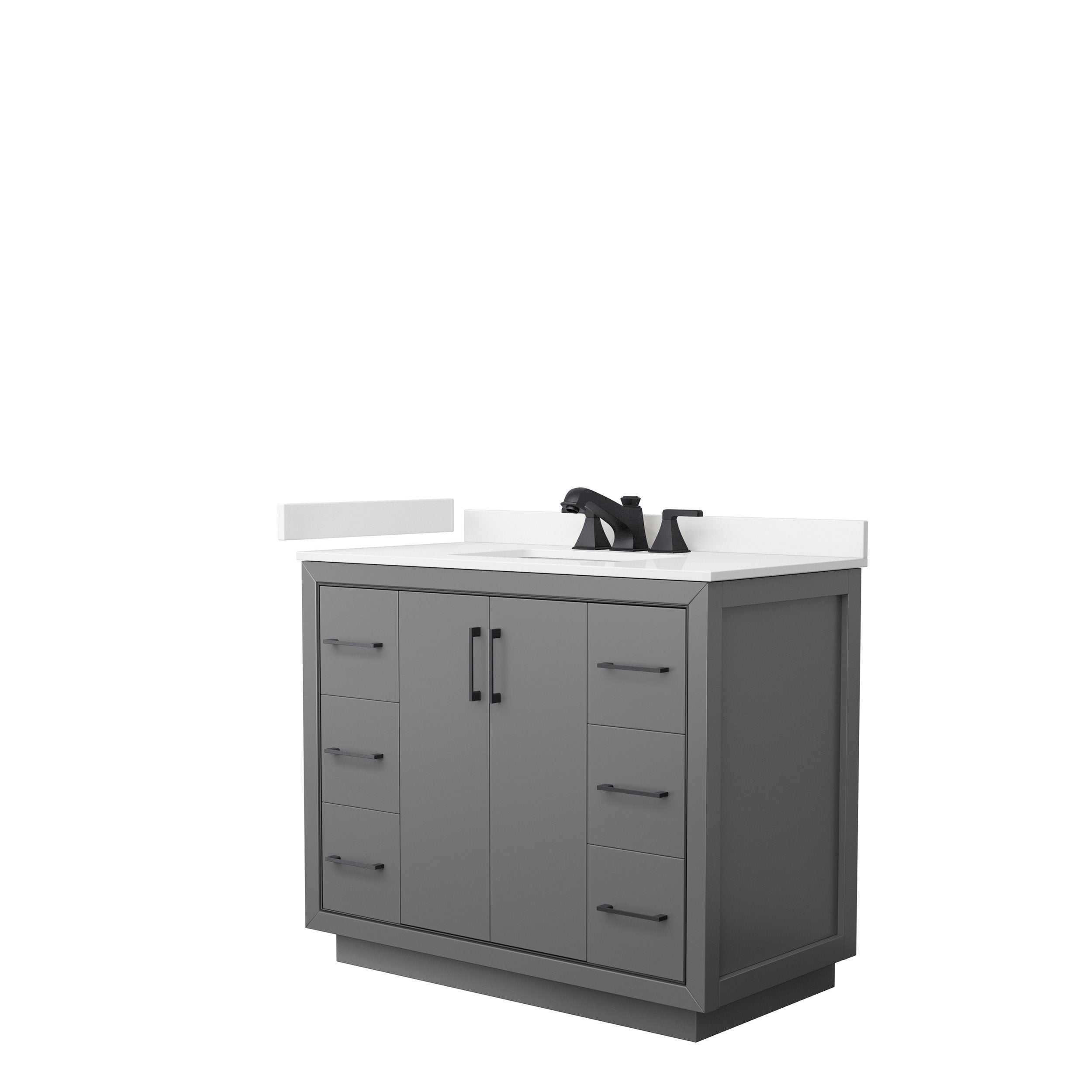 Modern 42-inch freestanding bathroom vanity in solid wood with a gray painted finish, white stone countertop and integrated sink, matte black faucet and matching black bar pulls, two center doors and four side drawers.