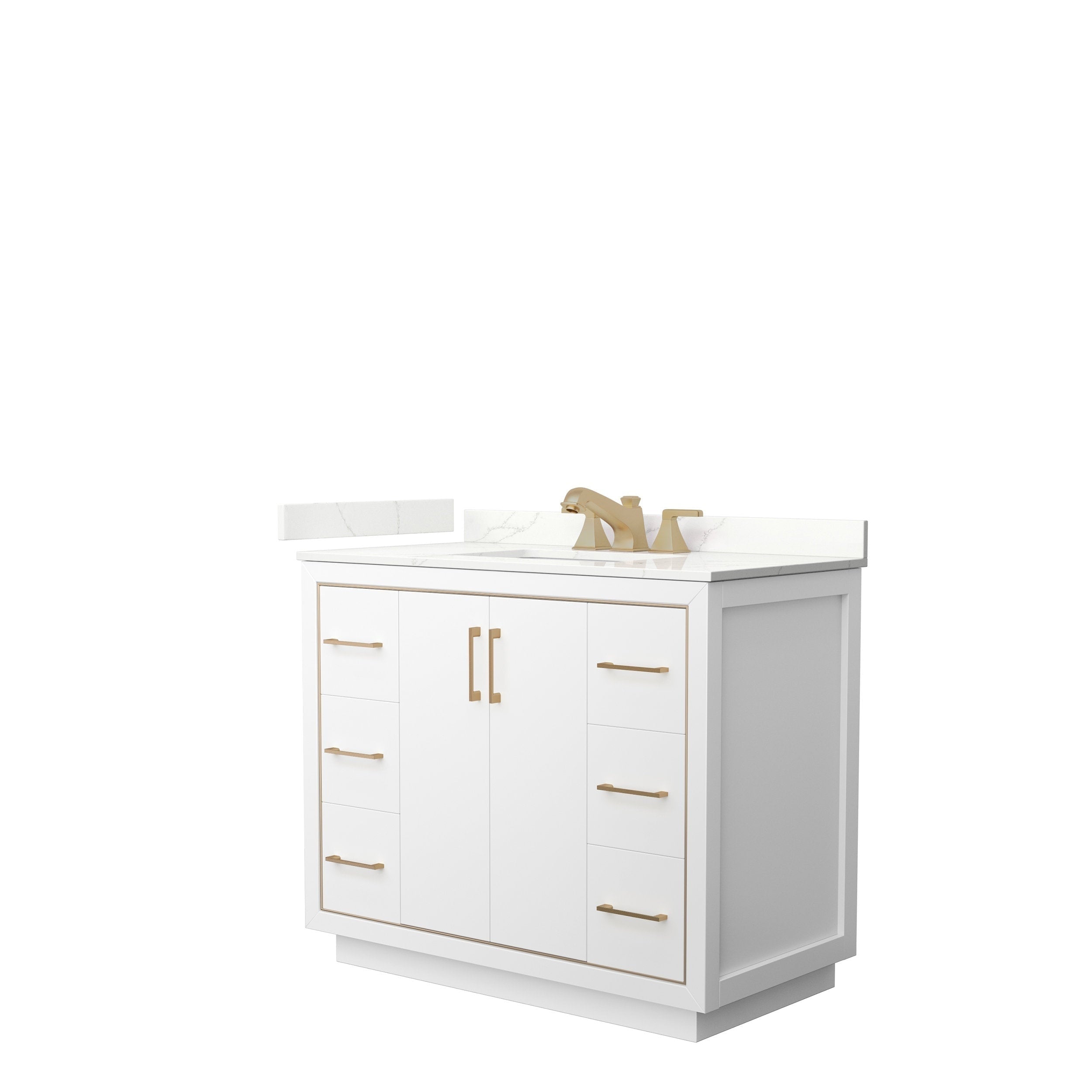 42-inch freestanding white solid-wood bathroom vanity with a white stone countertop and integrated sink, brushed gold faucet and matching drawer pulls, two center doors and three drawers on each side in a modern style.