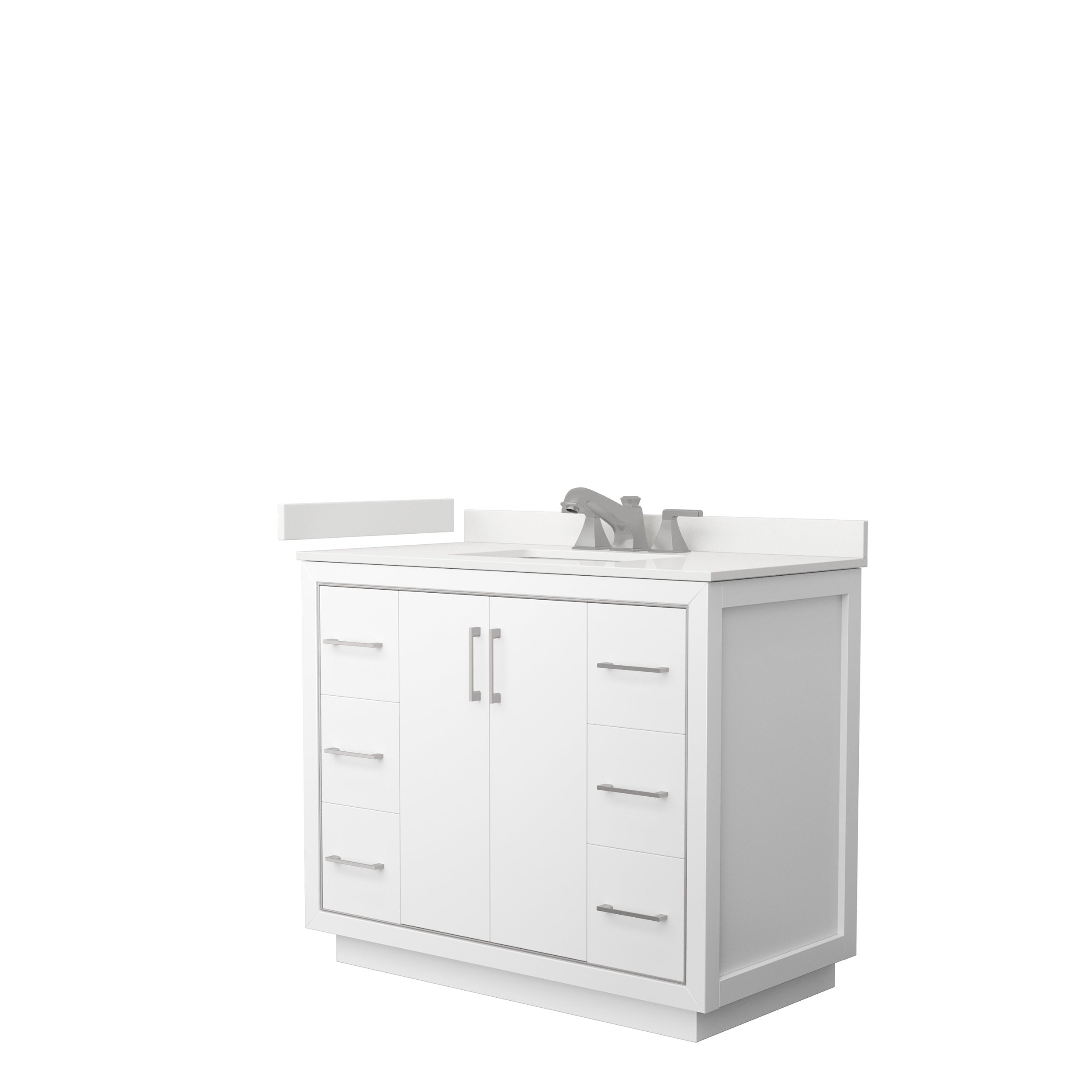 Modern 42-inch solid wood single-sink bathroom vanity in white with a stone countertop, integrated rectangular sink, brushed-nickel bar handles, center double doors and six side drawers.