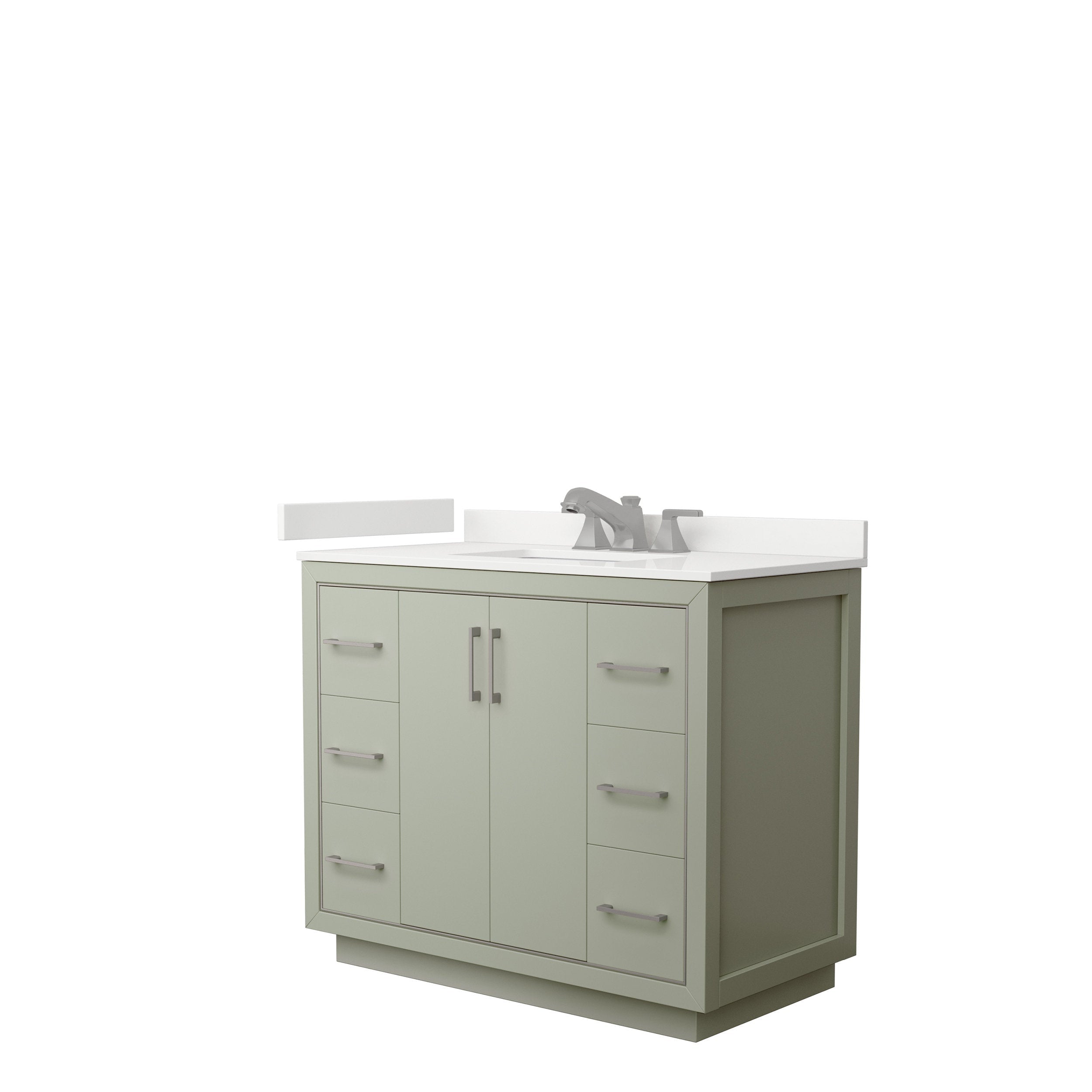 42-inch modern solid wood bathroom vanity with stone top and integrated ceramic sink — freestanding design with central double doors, three drawers per side, and brushed-nickel handles.