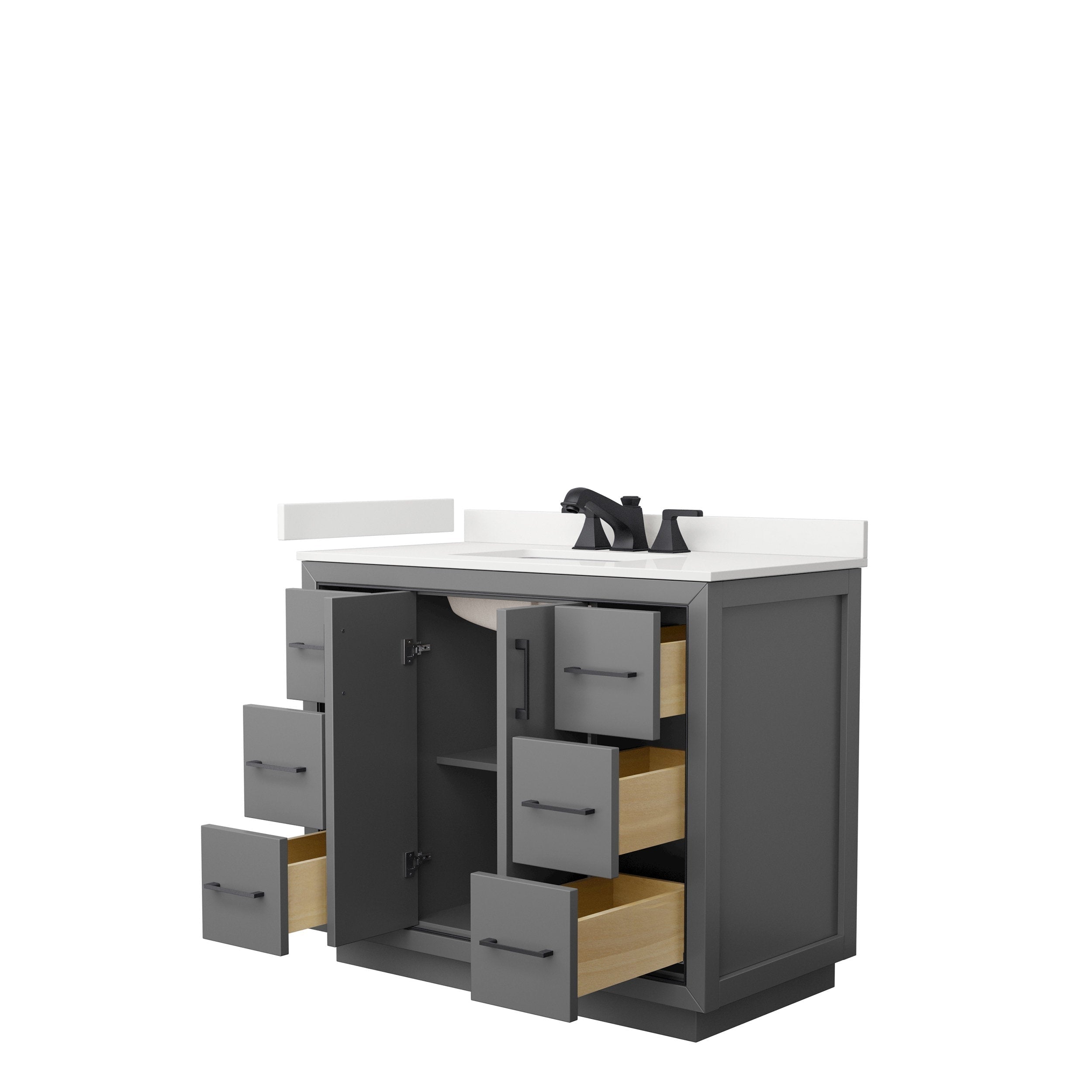 Modern 42-inch solid wood bathroom vanity in stone finish with a white stone countertop and integrated ceramic sink, matte black faucet, and several open drawers and center cabinet revealing natural wood interiors.