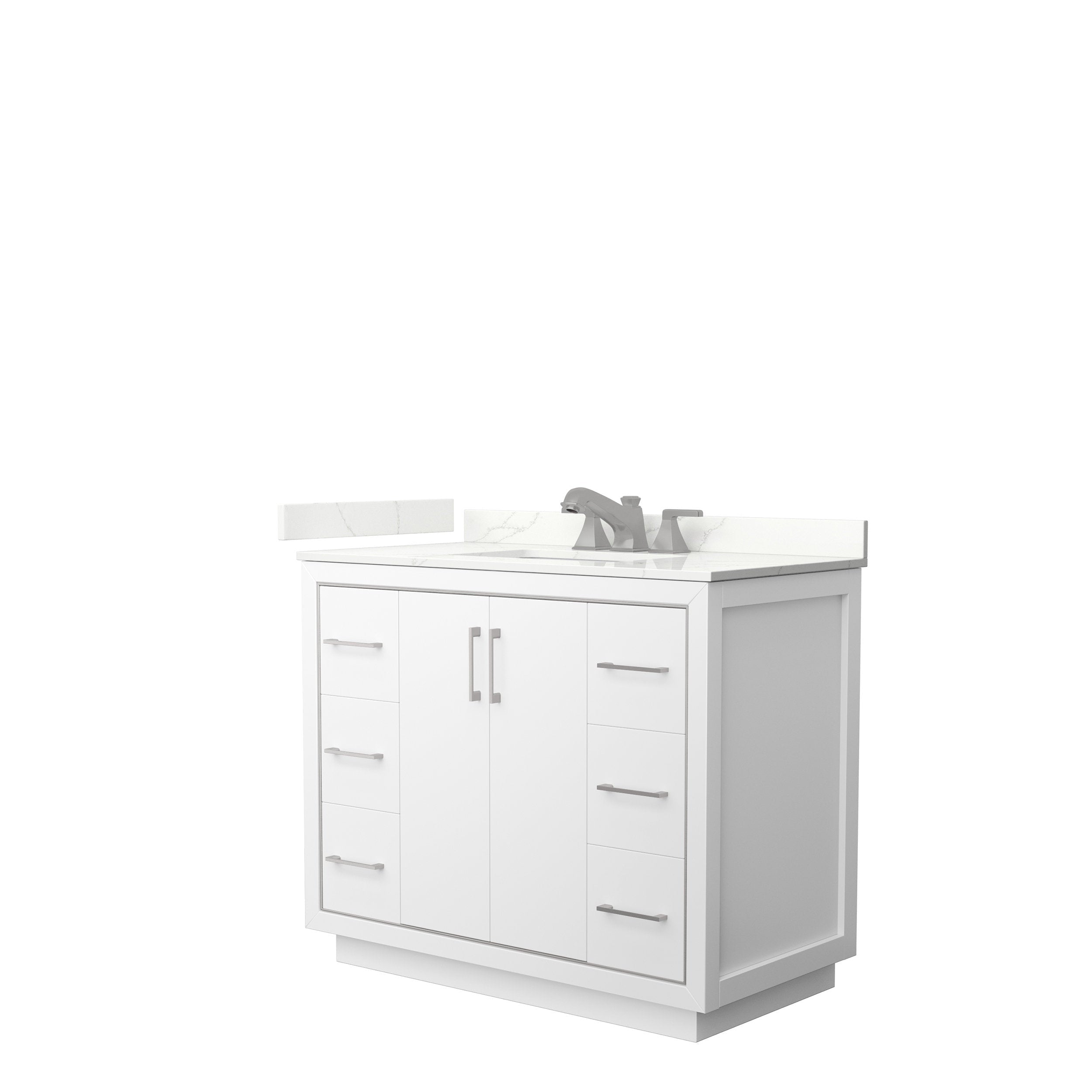Freestanding modern 42-inch solid wood single-sink bathroom vanity in white with a stone marble-look top, integrated sink, brushed-nickel faucet and handles, two center doors and three drawers on each side.