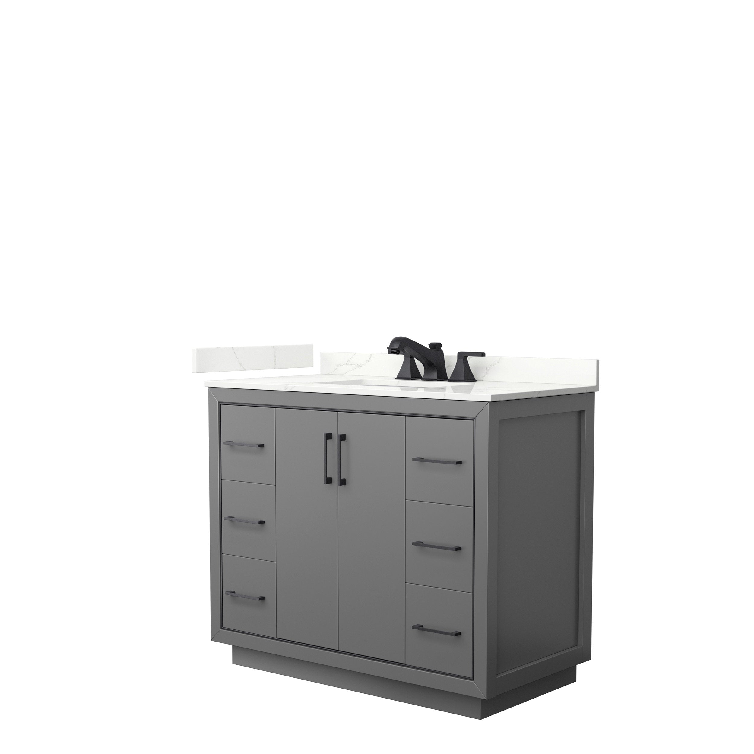 42-inch modern solid wood bathroom vanity in stone-gray with a white stone countertop and integrated sink, matte black faucet and matching black bar handles, two center doors flanked by three drawers on each side.
