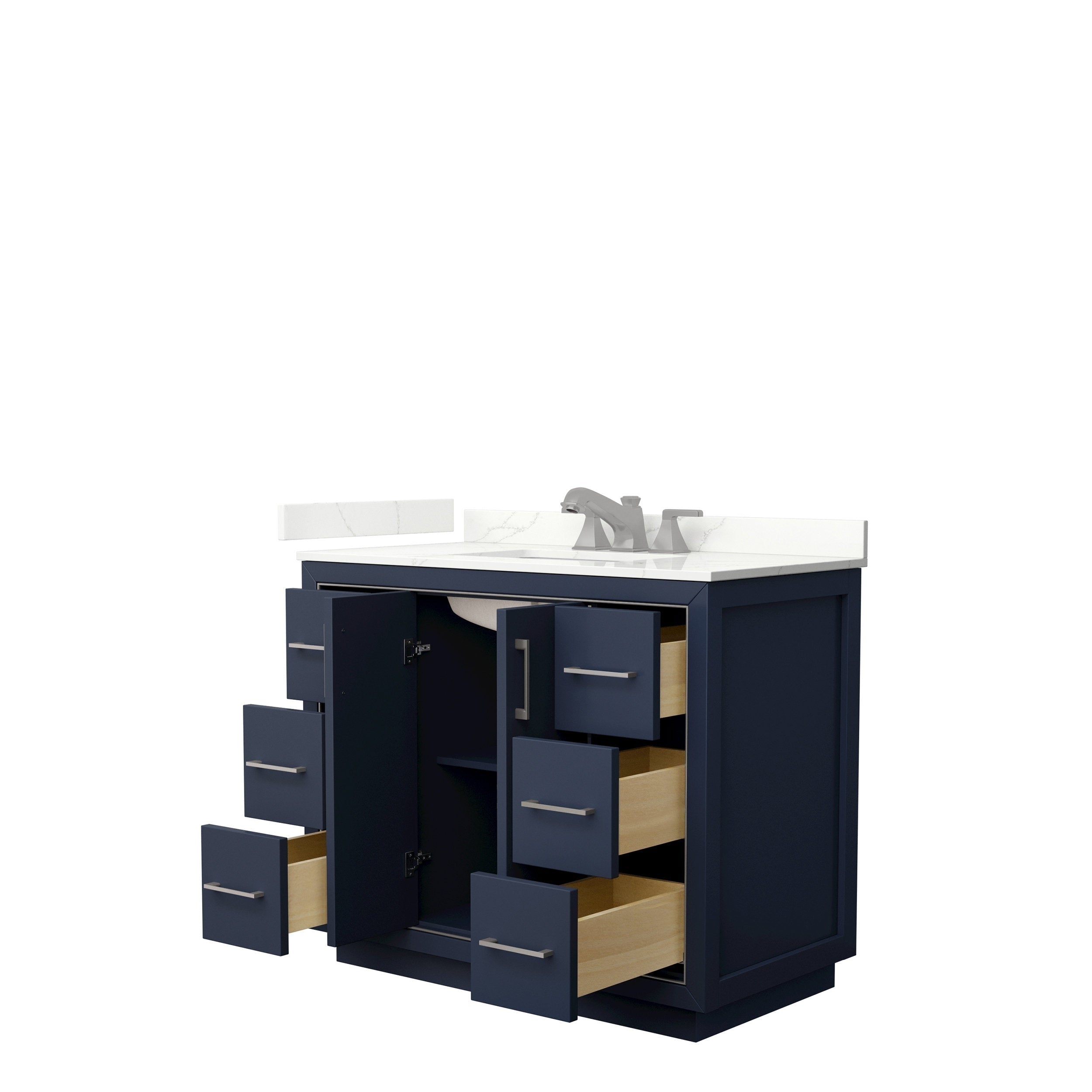42-inch modern solid wood bathroom vanity with a white stone countertop and integrated single sink, navy-blue painted cabinet, brushed-nickel faucet and hardware, six open drawers and a central storage cabinet showing wood interiors.