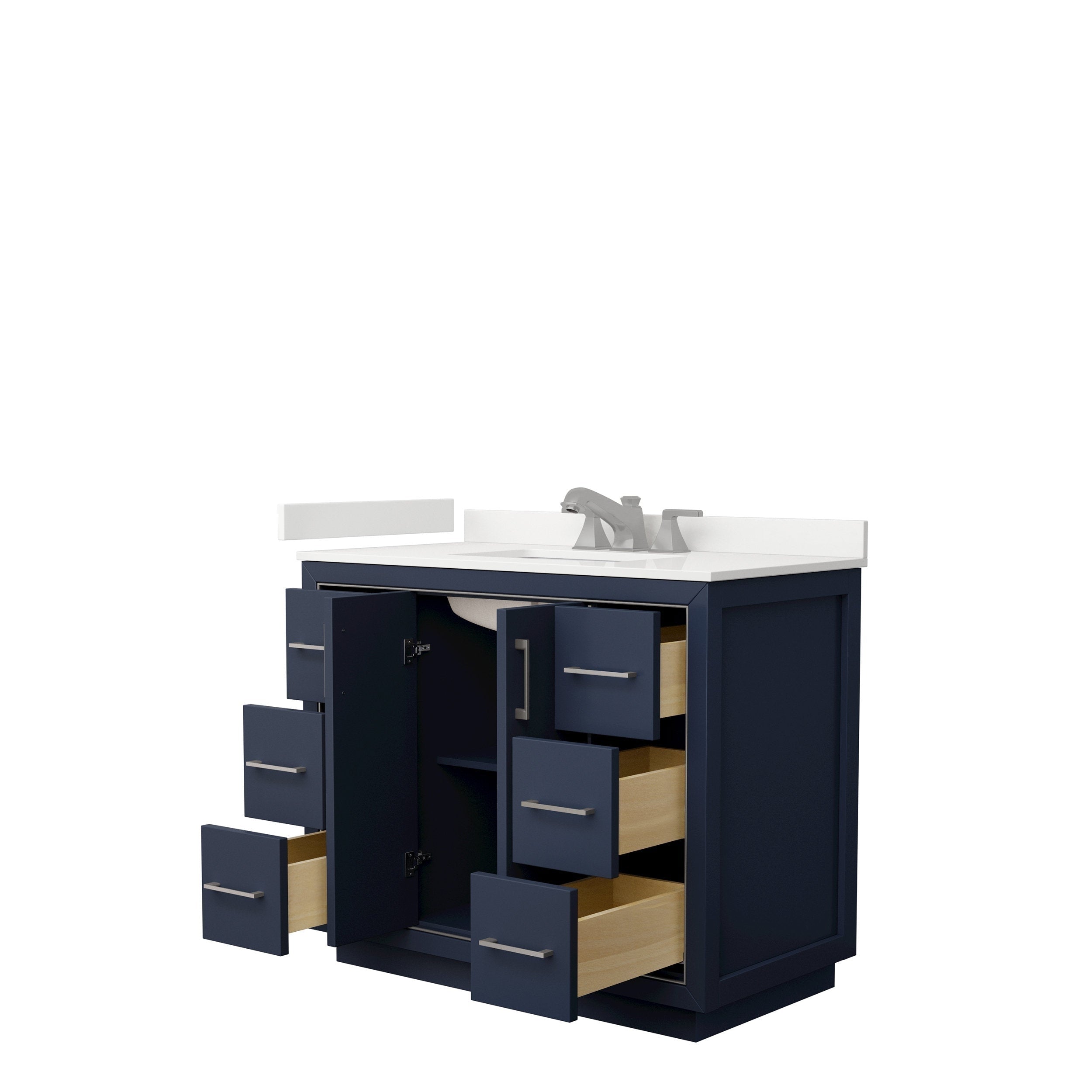 Modern 42-inch navy blue solid wood bathroom vanity with white stone top and integrated ceramic sink, brushed-nickel faucet, six drawers and center cabinet, with several drawers pulled open showing light wood interiors.