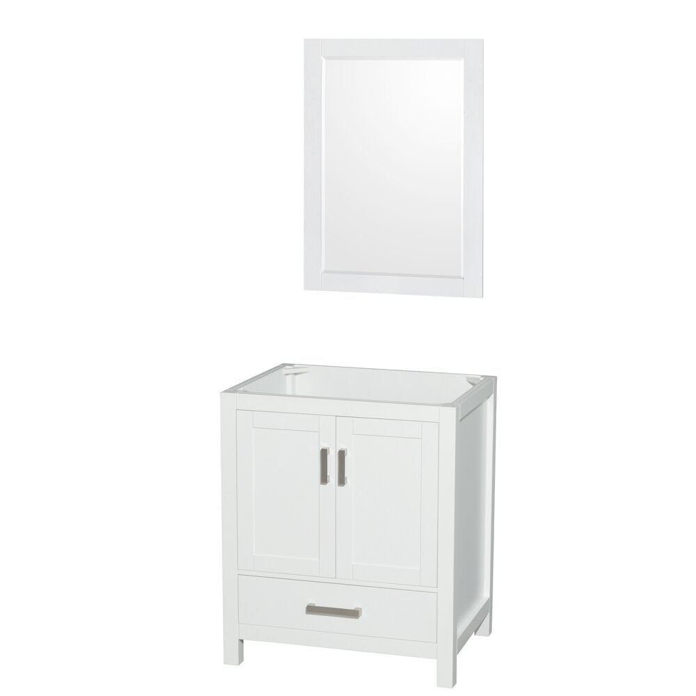 Modern 30-inch freestanding single-sink bathroom vanity in white solid wood with a stone top, two-door cabinet, single bottom drawer and a matching framed rectangular mirror above.