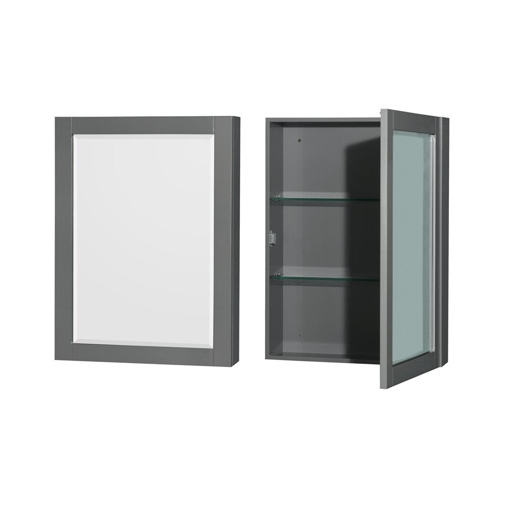 Contemporary stone-colored wood medicine cabinet set with a full mirrored door on the left and an open cabinet on the right revealing two glass shelves and a gray painted wood frame.