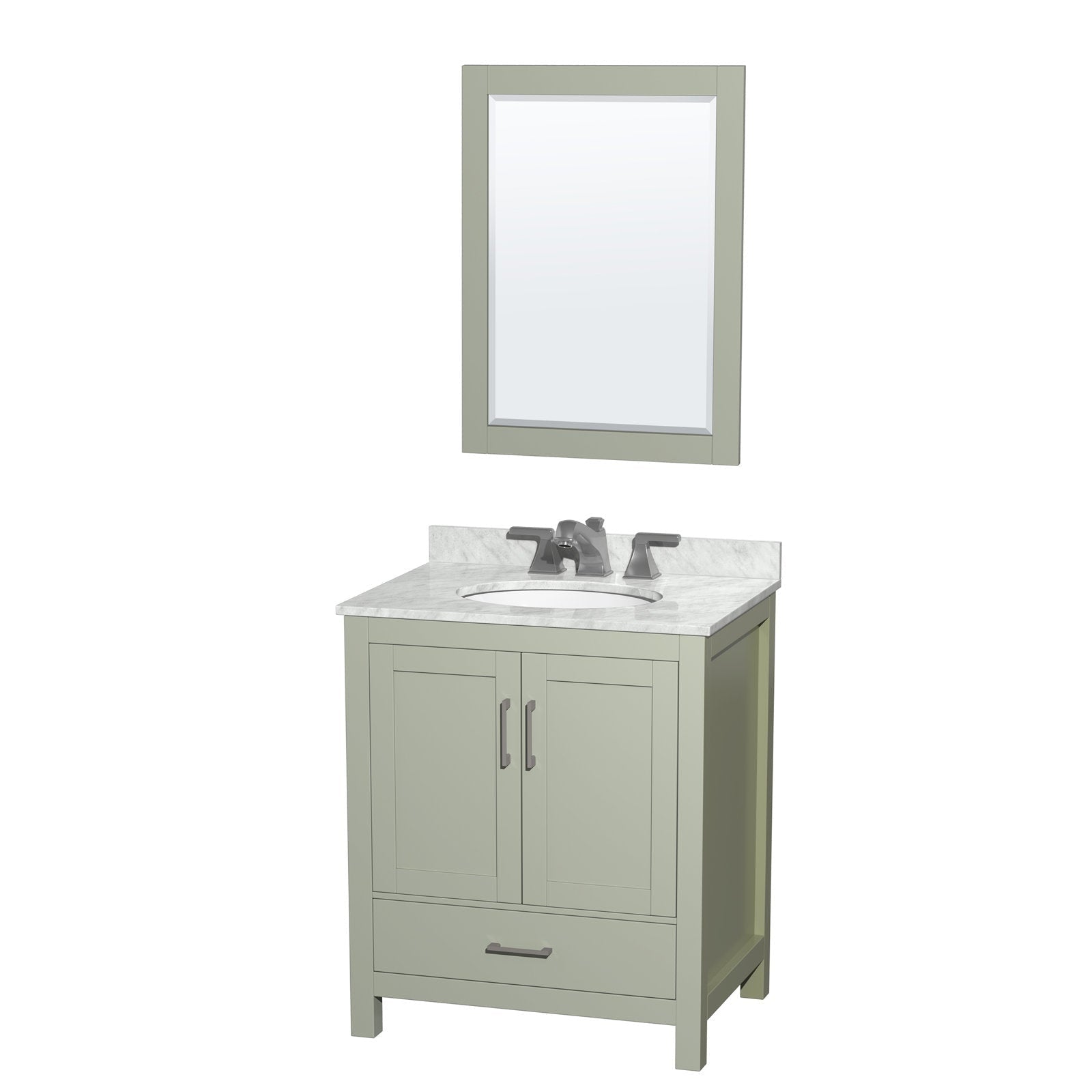 Stone-colored solid wood 30-inch freestanding bathroom vanity with marble-look stone countertop, white undermount ceramic sink, chrome widespread faucet, two-door cabinet and lower drawer, shown with a matching framed mirror.