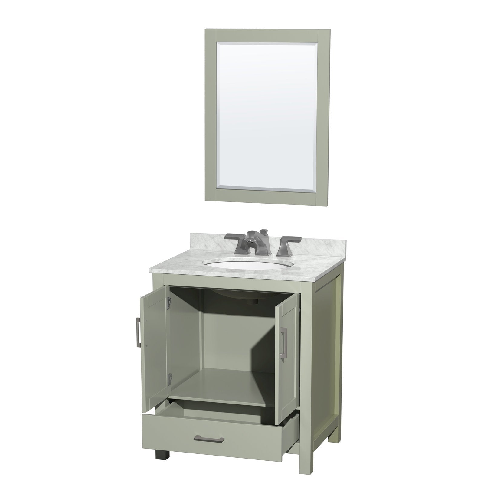 Freestanding modern solid wood bathroom vanity in stone gray with a white stone countertop and oval undermount ceramic sink, open two-door cabinet and lowered drawer, silver-tone faucet and matching framed mirror above.