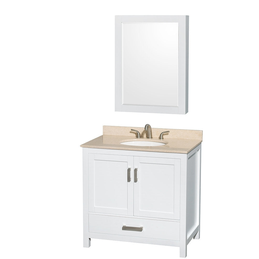 Freestanding modern white solid wood 36-inch bathroom vanity with a stone countertop, undermount ceramic sink, brushed-nickel widespread faucet, two shaker-style doors, lower storage drawer and matching white framed mirror above.
