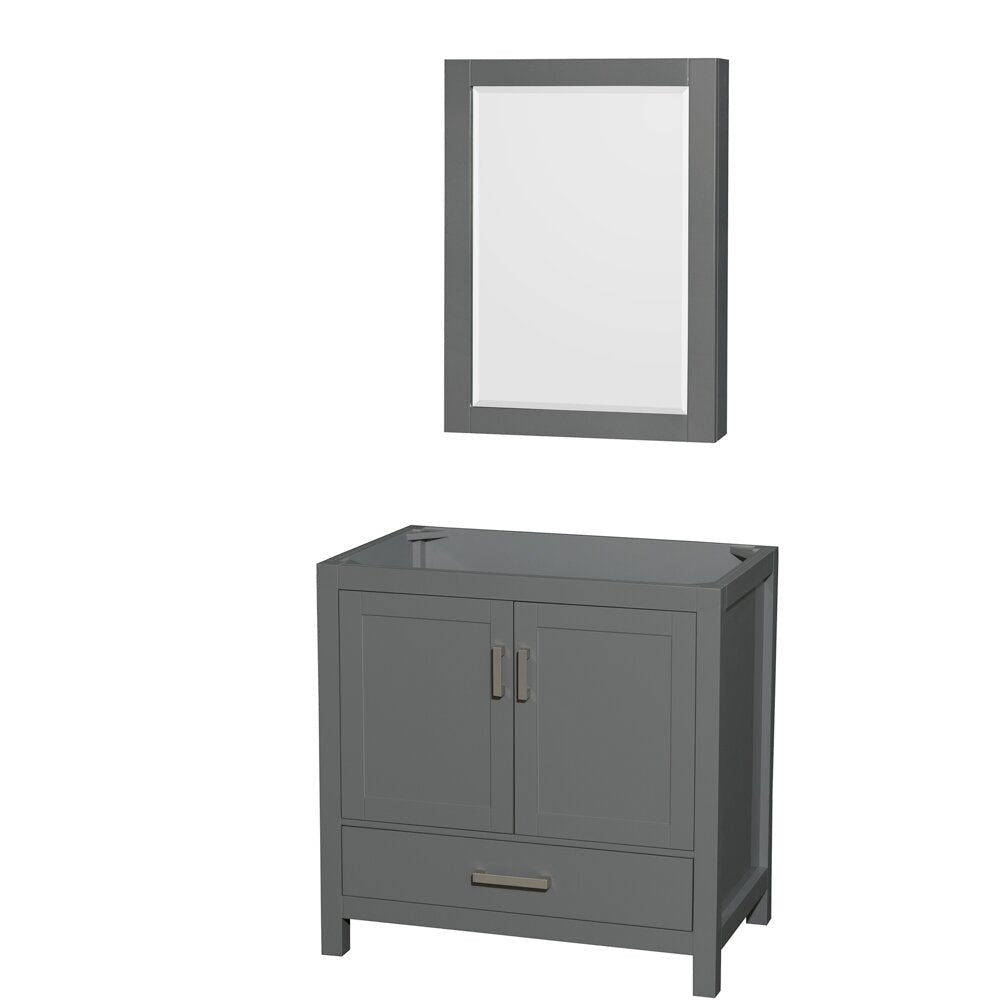 Modern stone-finish solid wood 36-inch single-sink bathroom vanity with matching framed mirror, two cabinet doors, a lower storage drawer and metal bar handles, shown freestanding with a stone countertop.