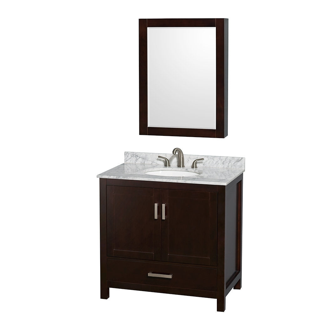 36-inch dark wood freestanding bathroom vanity with white undermount ceramic sink, gray marble stone countertop and backsplash, brushed nickel faucet and matching hardware, and a coordinating framed mirror above.