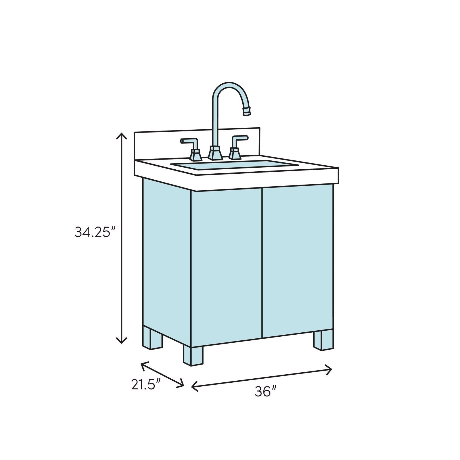 Illustrated diagram of a modern freestanding solid wood bathroom vanity with a stone top, single sink, high-arc faucet and backsplash, labeled dimensions 36 in W × 21.5 in D × 34.25 in H.