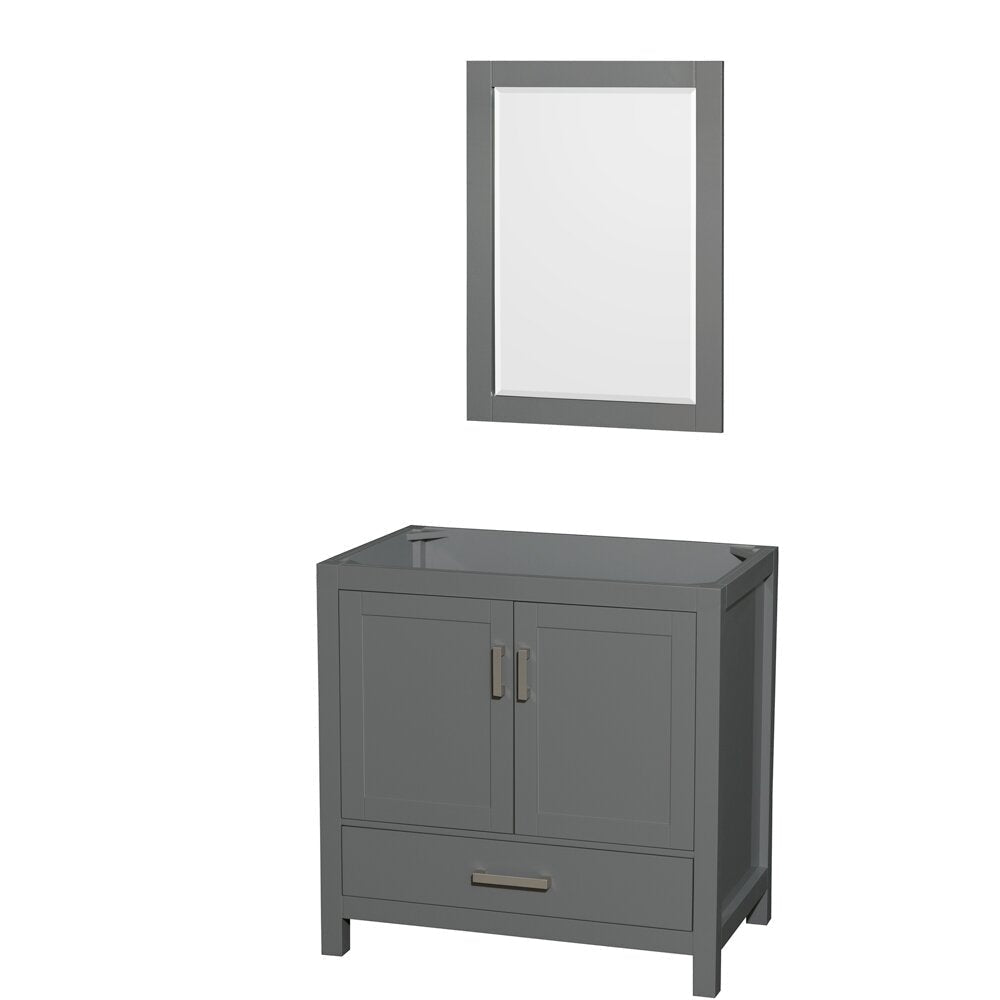 Stone-colored 36-inch modern solid wood bathroom vanity with stone top, two paneled doors, single lower drawer and brushed metal pulls, paired with a matching rectangular framed mirror above.