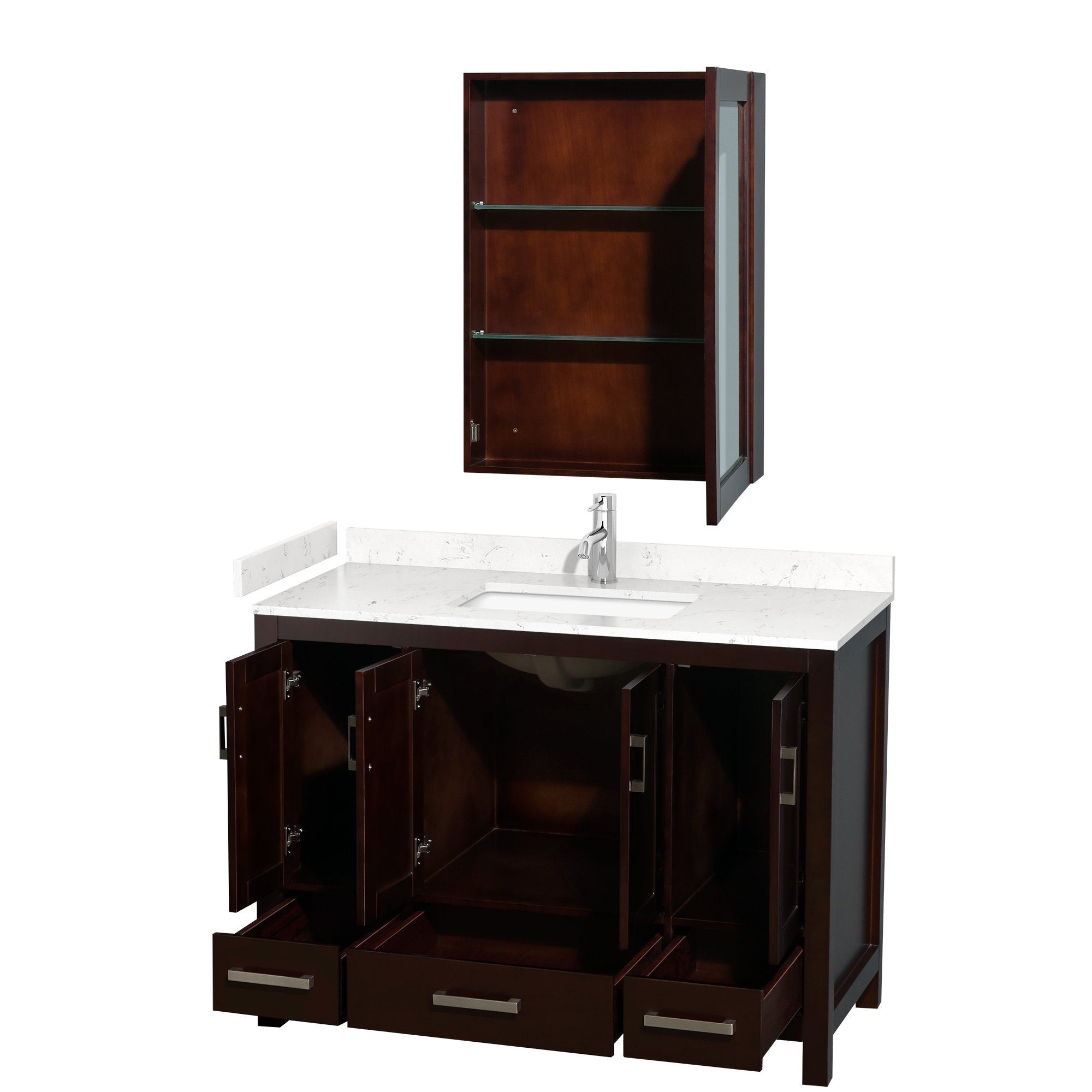 48-inch modern freestanding single-sink bathroom vanity in dark solid wood with a white stone countertop and undermount ceramic sink, chrome faucet, open cabinet doors and drawers, plus matching wall mirror cabinet with glass shelves.