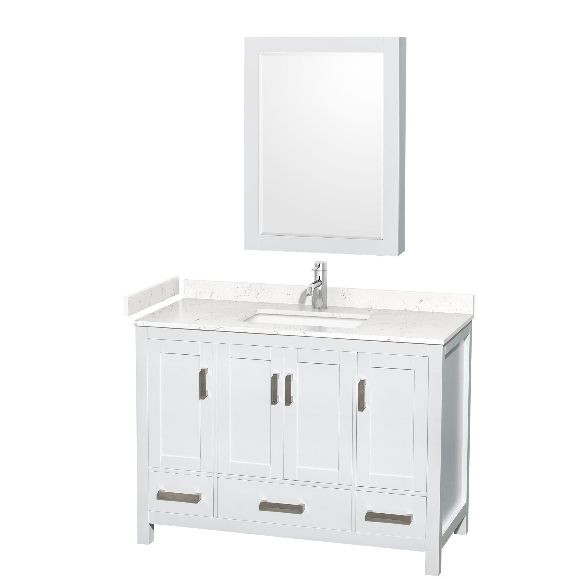 48-inch white solid wood bathroom vanity with stone countertop and integrated rectangular sink, chrome single-handle faucet, shaker-style cabinet doors and brushed-nickel hardware, shown with a matching framed mirror.