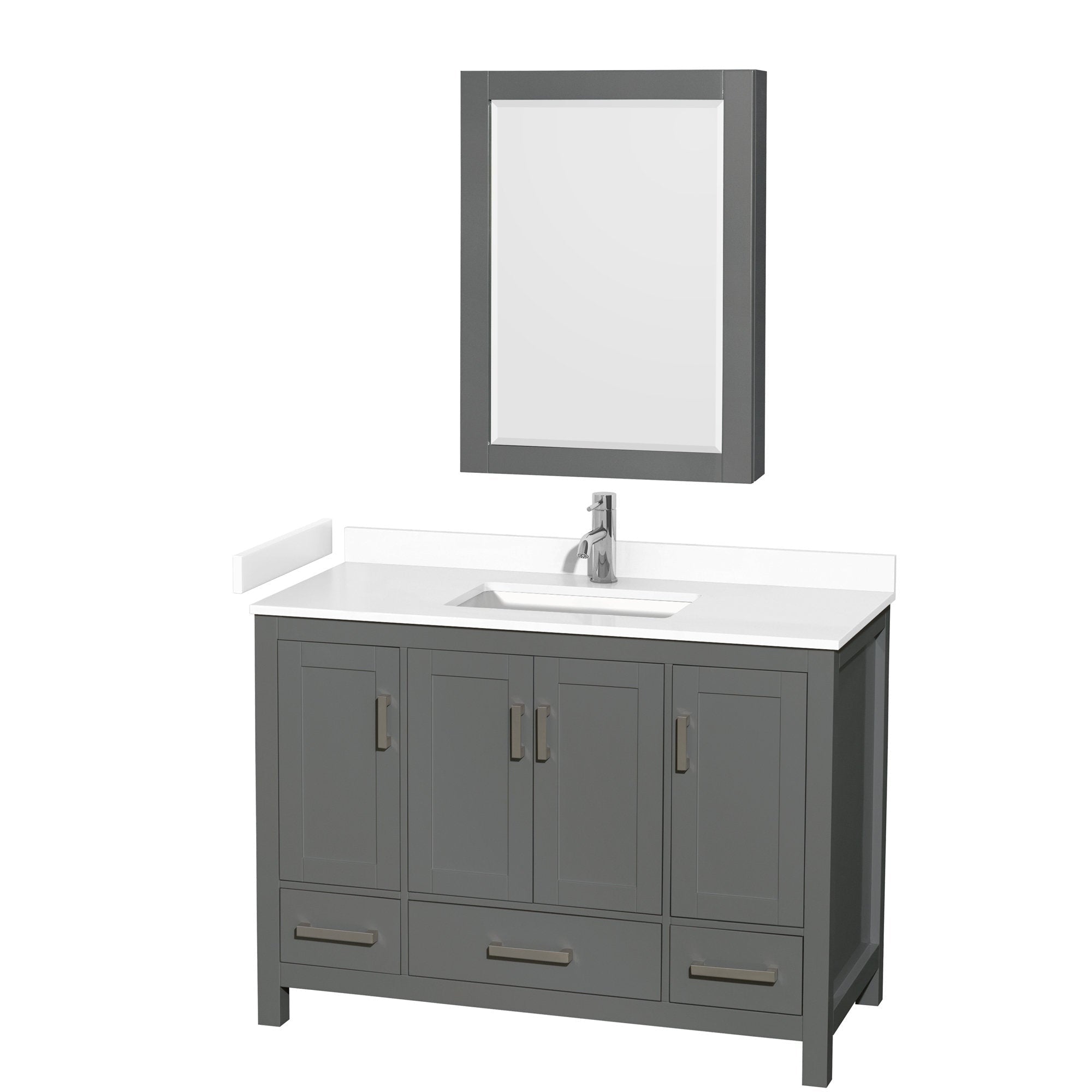 Modern 48-inch stone-gray solid wood bathroom vanity with white stone countertop, integrated rectangular sink and chrome faucet, four shaker-style doors, three drawers with metal pulls, and matching framed mirror cabinet above.
